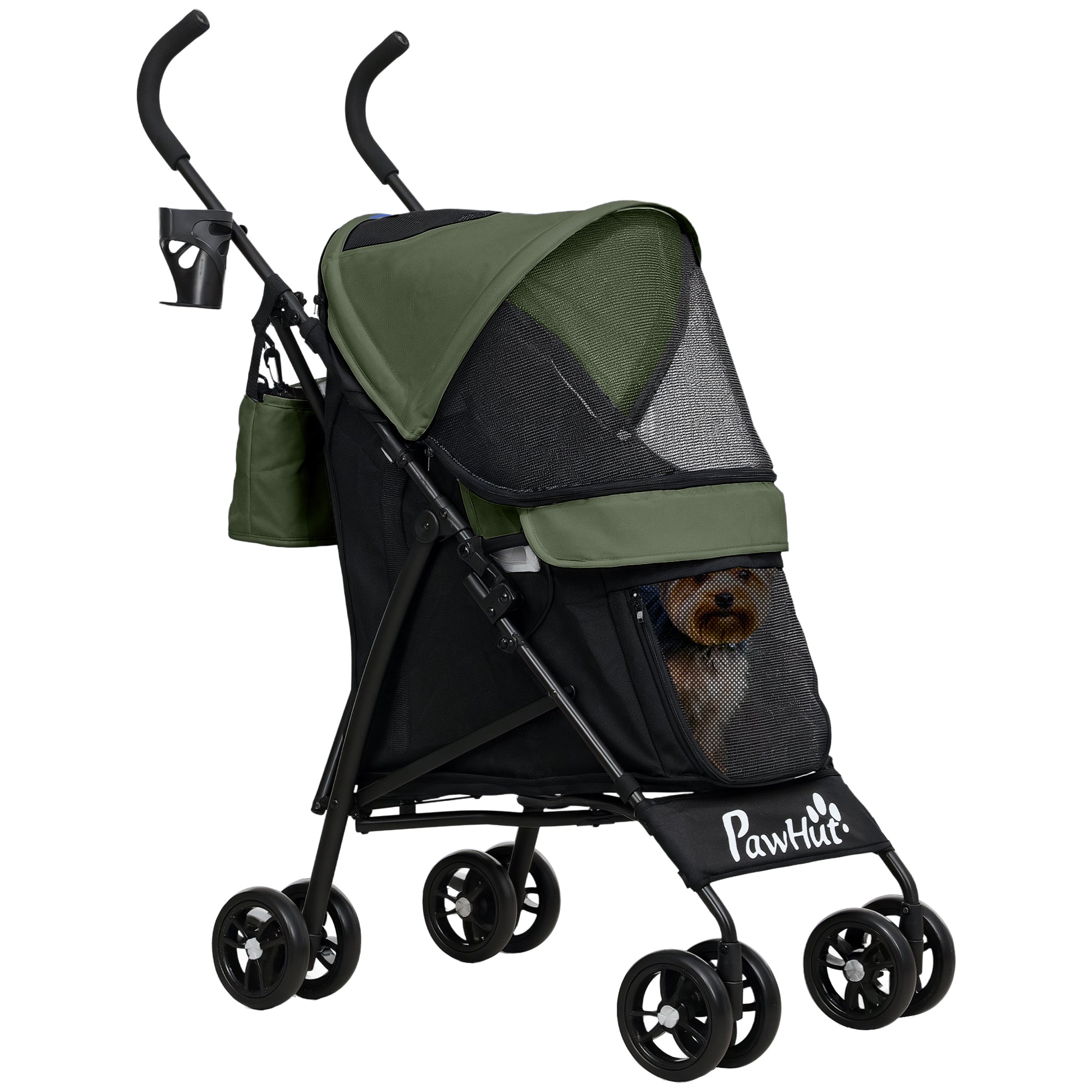 PawHut Umbrella Structure Dog Stroller, Lightweight & Portable Dog Pram w/ Shoulder Strap, Storage Bag & Cup Holder, Dark Green - North Peak Garden Furniture
