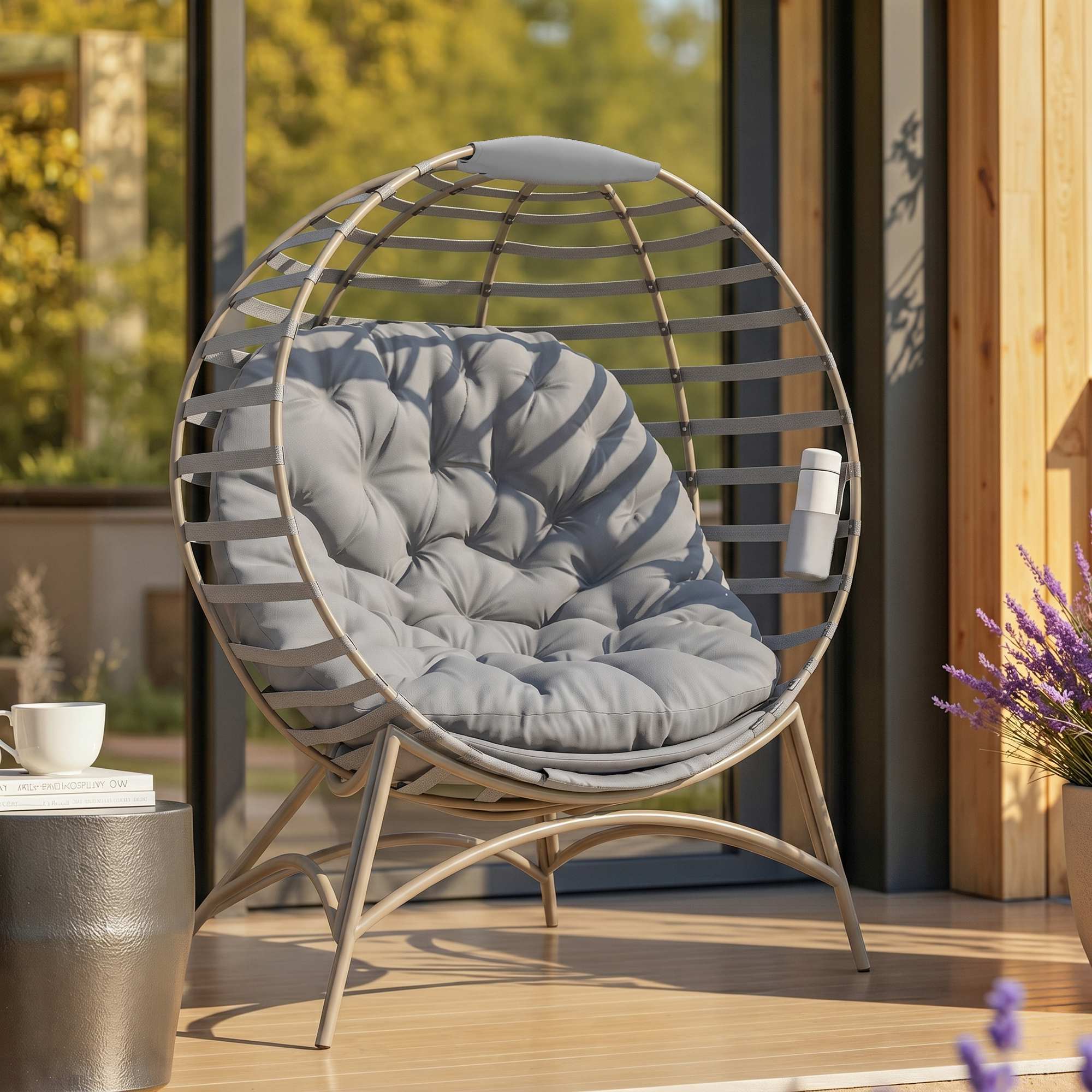 Outsunny Egg Chair with Cushion & Side Pocket - Light Grey