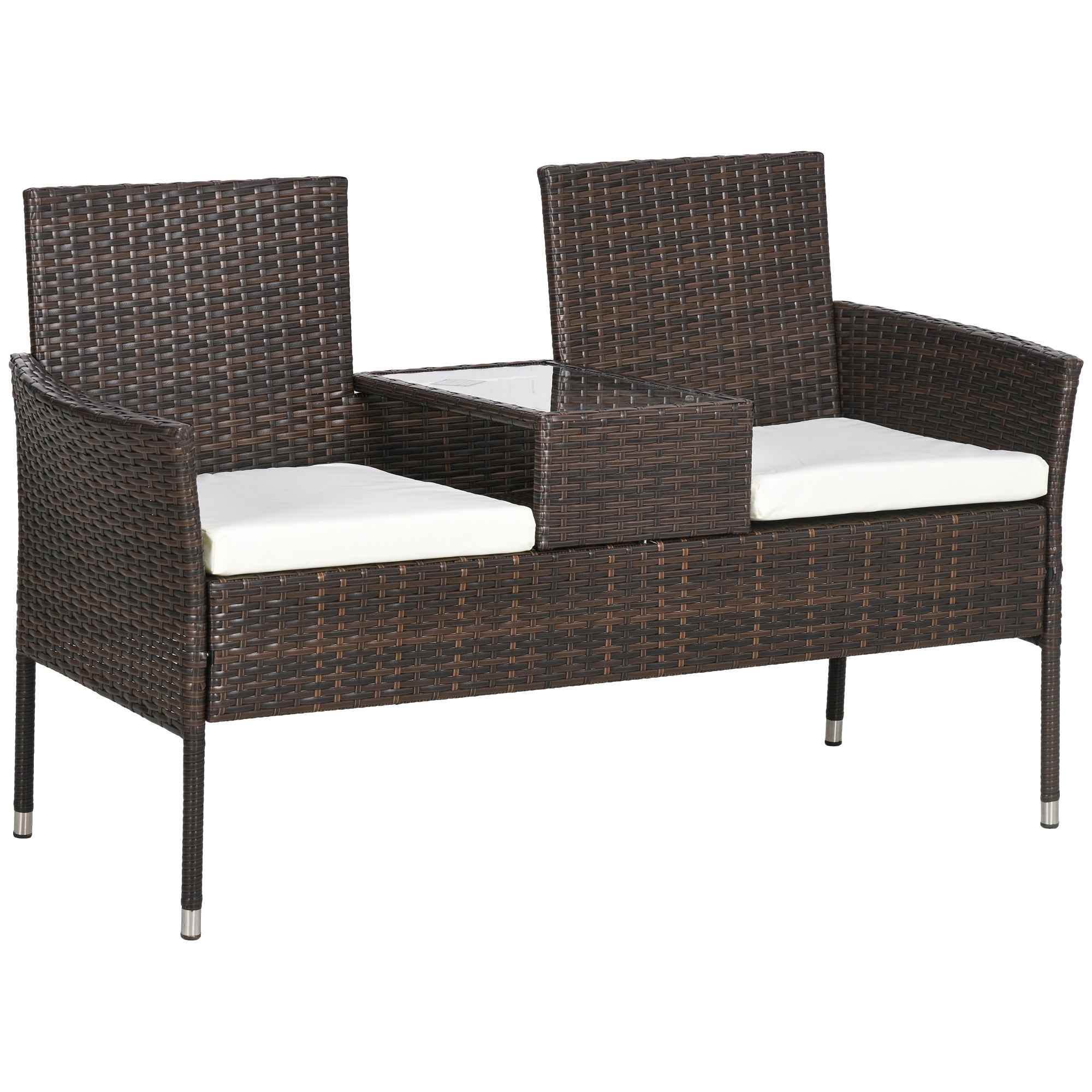 Outsunny Two-Seat Rattan Chair, with Middle Table - Brown - North Peak Garden Furniture