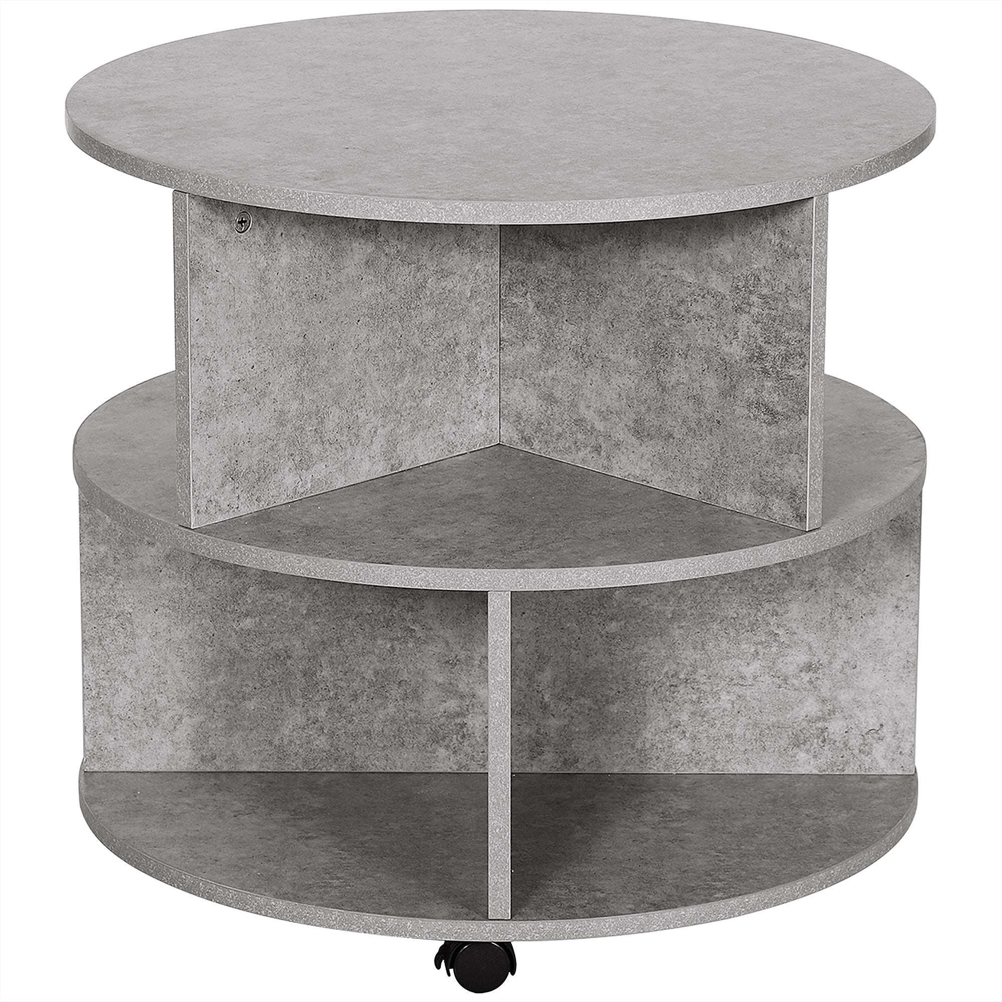 HOMCOM Round Coffee Table with Wheels, 3-Tier Rolling Side Table for Living Room with Divided Shelves, Cement Colour - North Peak Garden Furniture