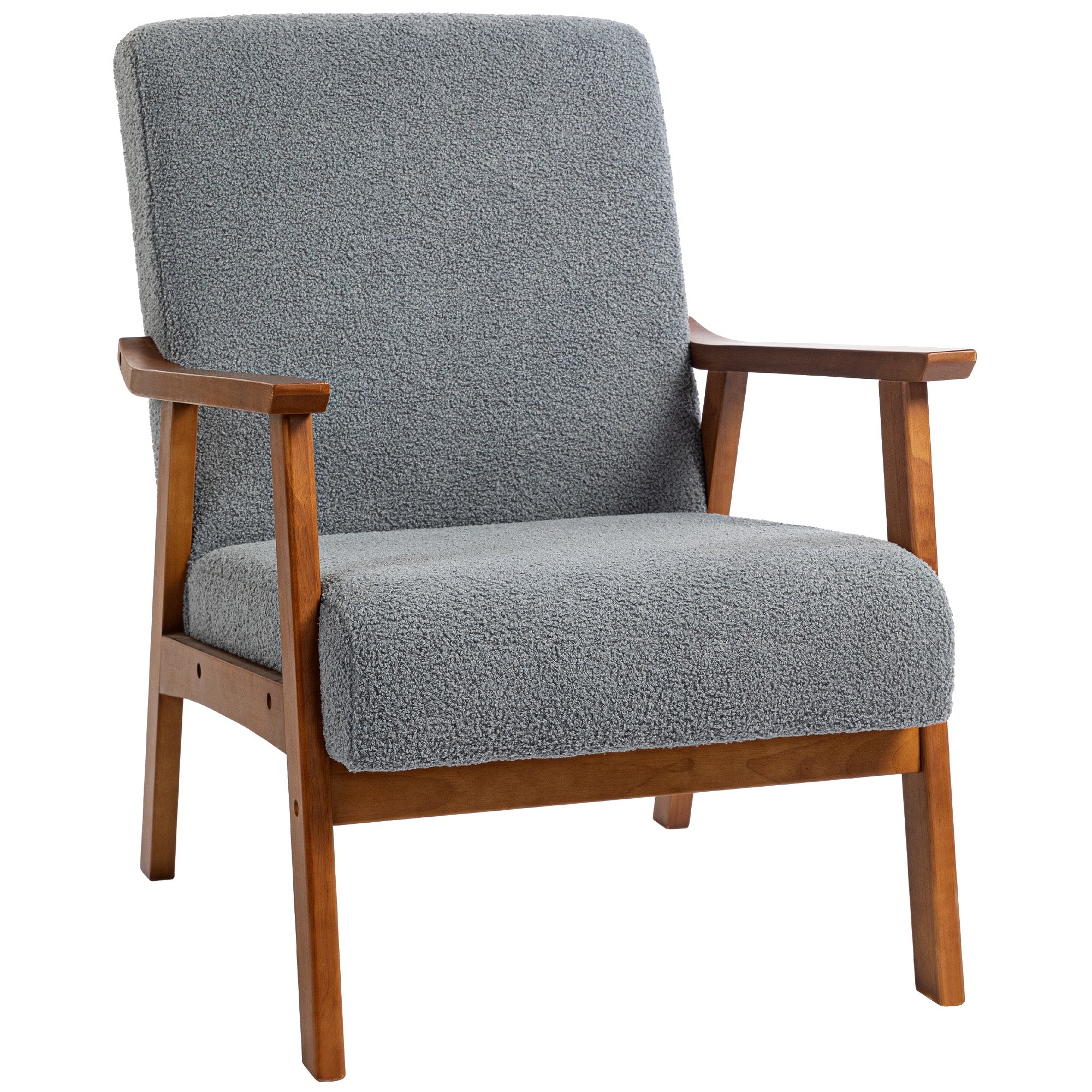 HOMCOM Armchair with Wide Seat, Boucle Accent Chair, Thick Padded Occasional Chair with Solid Wood Frame for Living Room Bedroom Home Office Reception Balcony, Grey - North Peak Garden Furniture