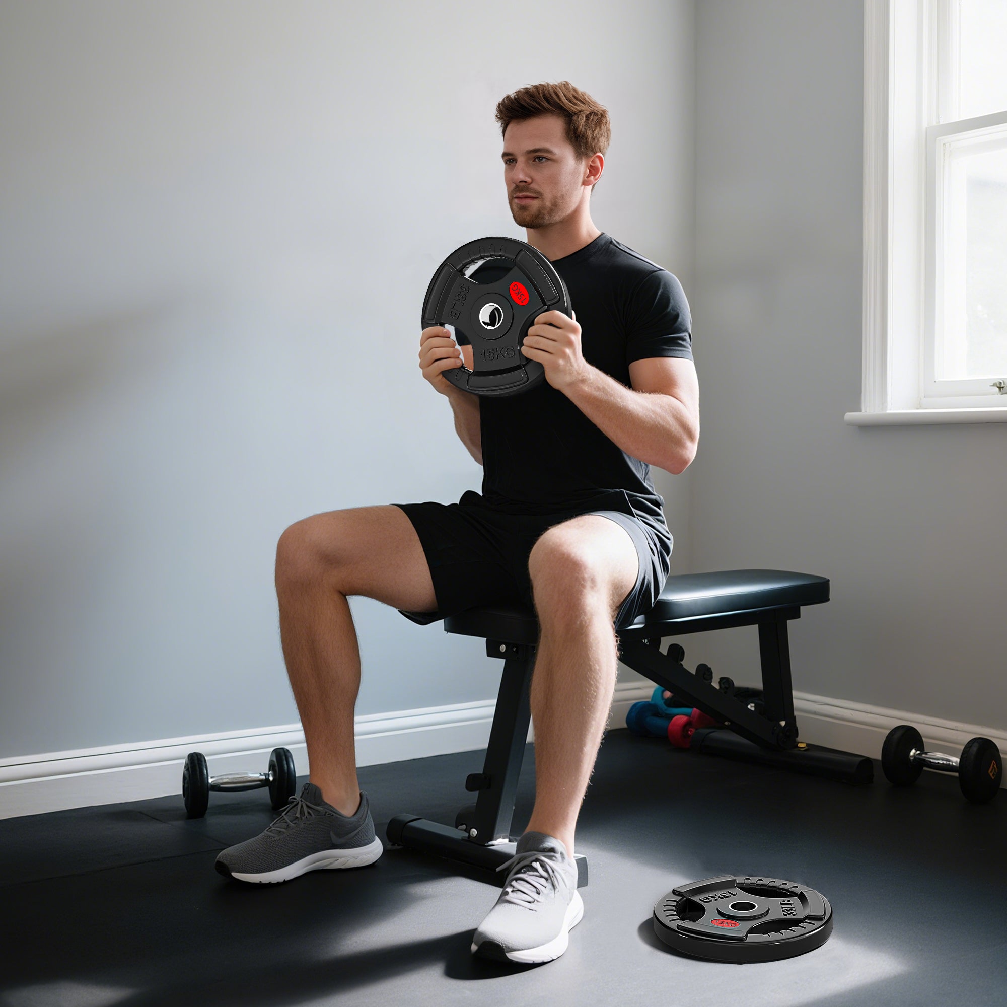 SPORTNOW Olympic Weight Plates, 2"/5cm Weight Disc Pair with Tri-Grips, 2 x 15kg Dumbbell Plates for Weightlifting and Strength Training Home Gym Fitness Workout, Black