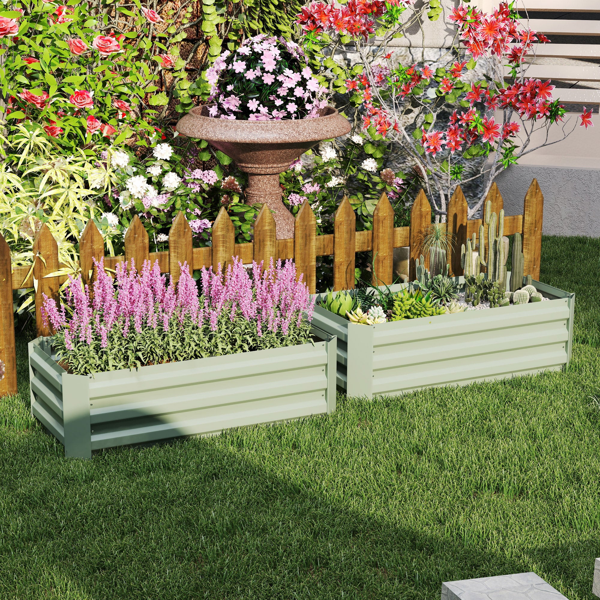 Outsunny Set of 2 291L Raised Garden Bed, Elevated Galvanised Planter Box for Flowers, Herbs, 100x100x30cm, Green - North Peak Garden Furniture