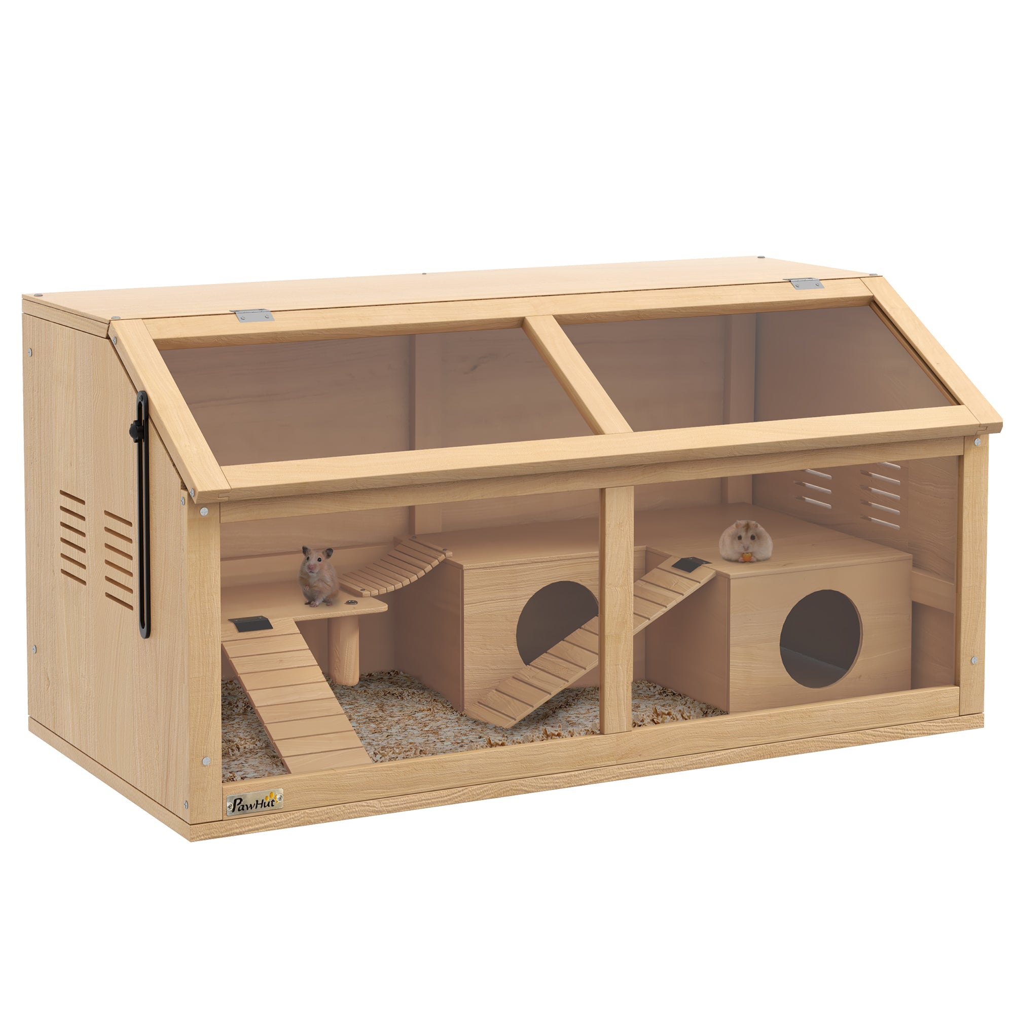 PawHut Hamster Cage, Wooden Small Animal Cage for Gerbils, Mice w/ Suspension Bridge, Openable Top, Hut, 85 x 45 x 44cm Nature - North Peak Garden Furniture