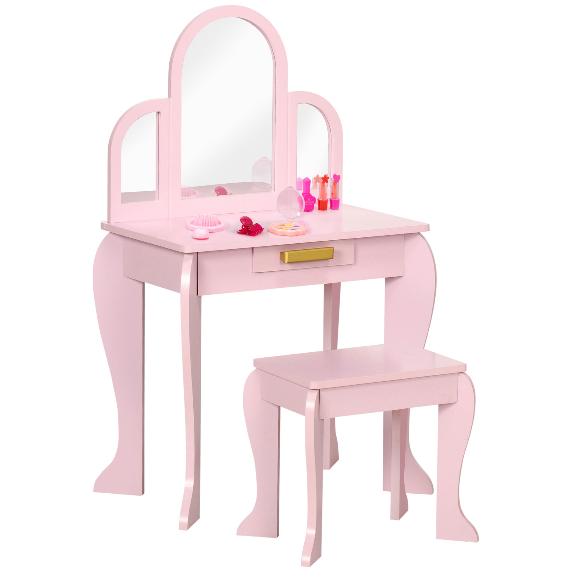HOMCOM Kids Dressing Table Set, with Mirror and Drawer - Pink - North Peak Garden Furniture