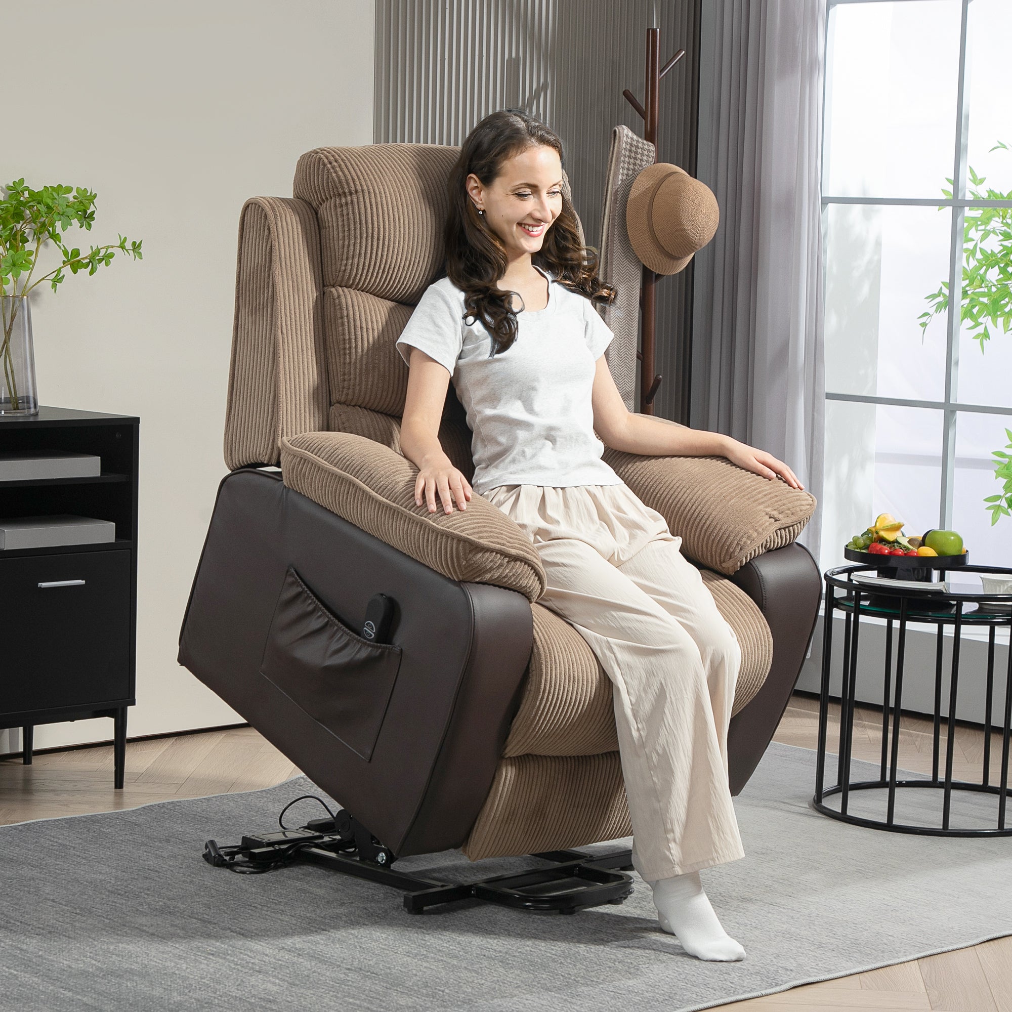 HOMCOM Power Lift Recliner Chair for Elderly, Patchwork Design Oversized Electric Riser and Recliner Armchair for Living Room with Remote Control and 2 Side Pockets, Brown - North Peak Garden Furniture