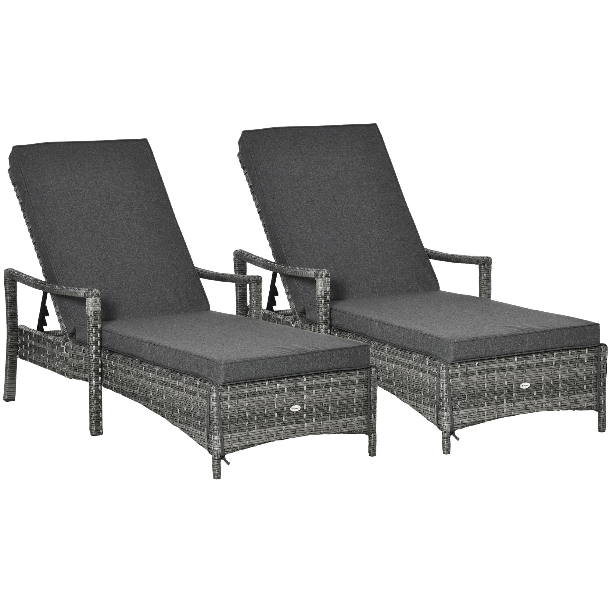Outsunny PE Rattan Sun Loungers set of 2 with Cushion, Outdoor 2 Pieces Garden Sunbed Furniture with 4-Level Recliner Backrest, and Armrest, Grey - North Peak Garden Furniture