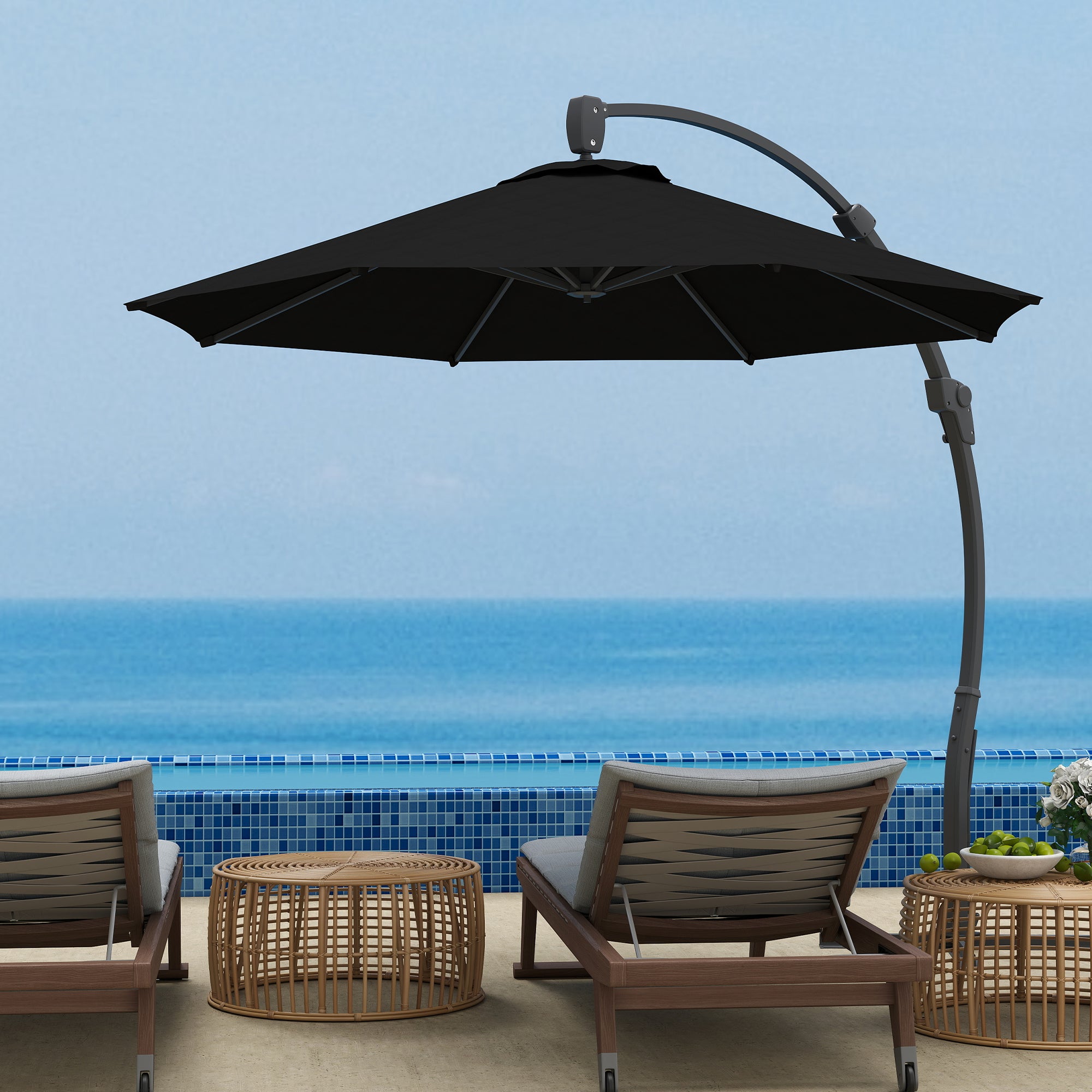 Outsunny 3(m) Garden Cantilever Parasol, Round Overhanging Umbrella with Crank Handle, Cross Base, Aluminium Frame and 360° Rotation, Banana Patio Umbrella for Outdoor Sun Shade, Black - North Peak Garden Furniture
