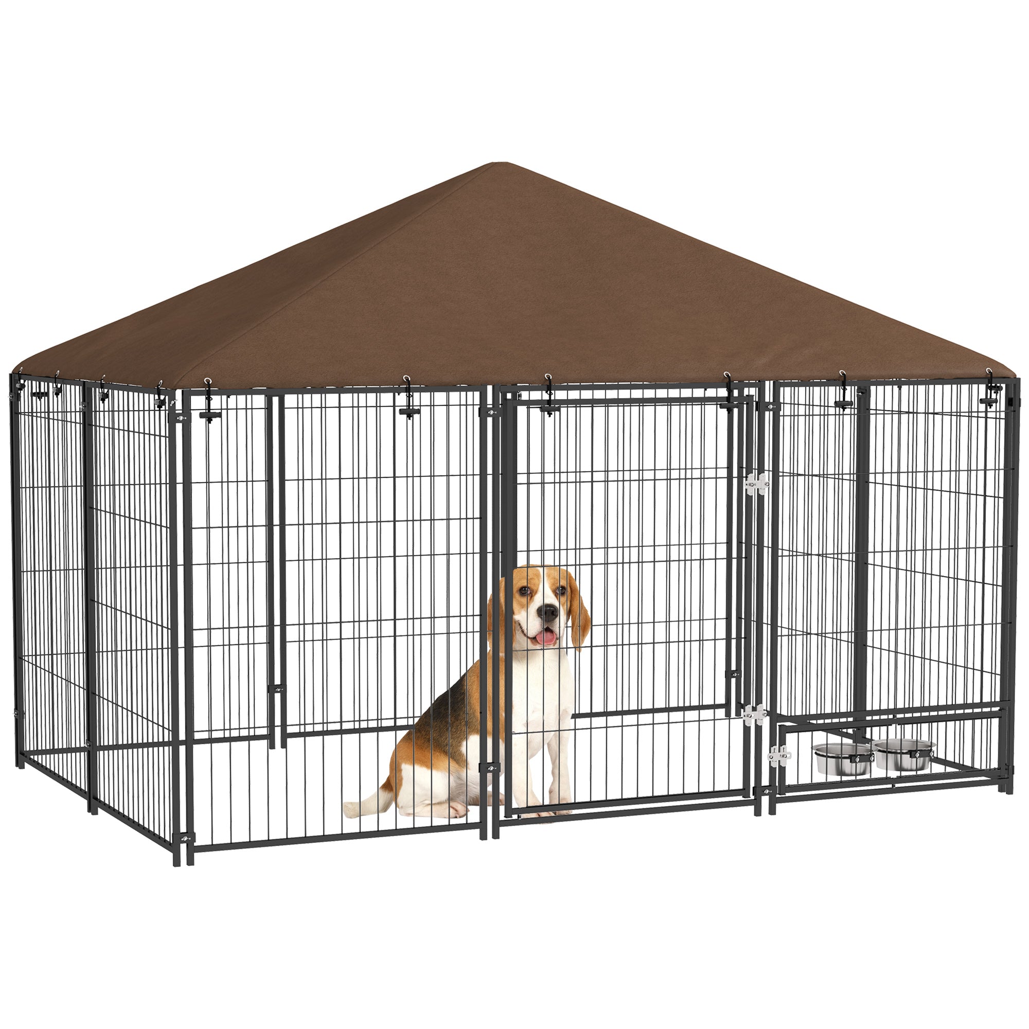 PawHut Outdoor Dog Kennel Puppy Play Pen with Canopy Garden Playpen Fence Crate Enclosure Cage Rotating Bowl 211 x 141 x 151 cm - North Peak Garden Furniture