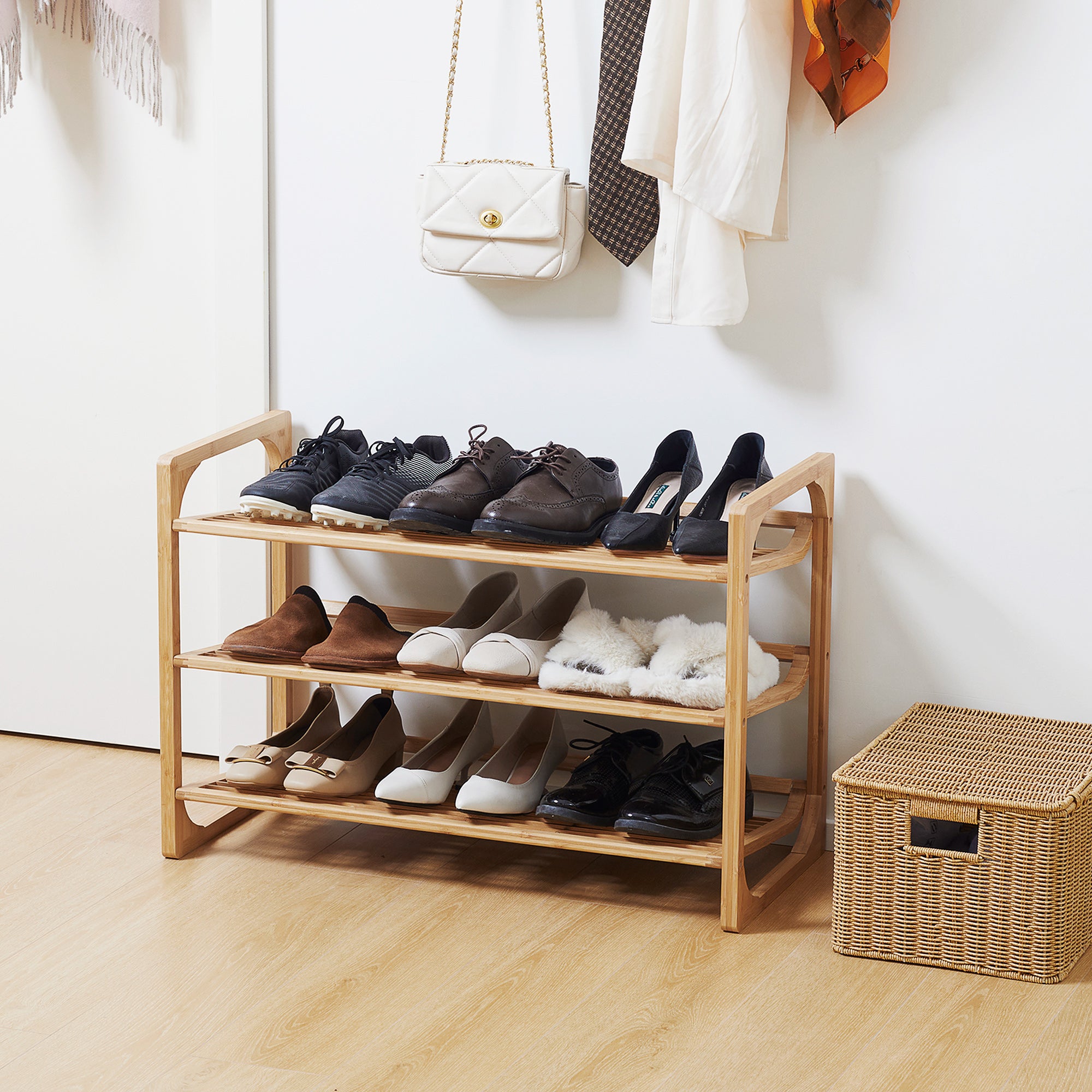 HOMCOM 3-Tier Shoe Rack, Bamboo Shoe Storage Organizer with Slatted Shelves, Free Standing Shoe Shelf Stand for 9 Pairs of Shoes for Entryway, Hallway, Natural - North Peak Garden Furniture