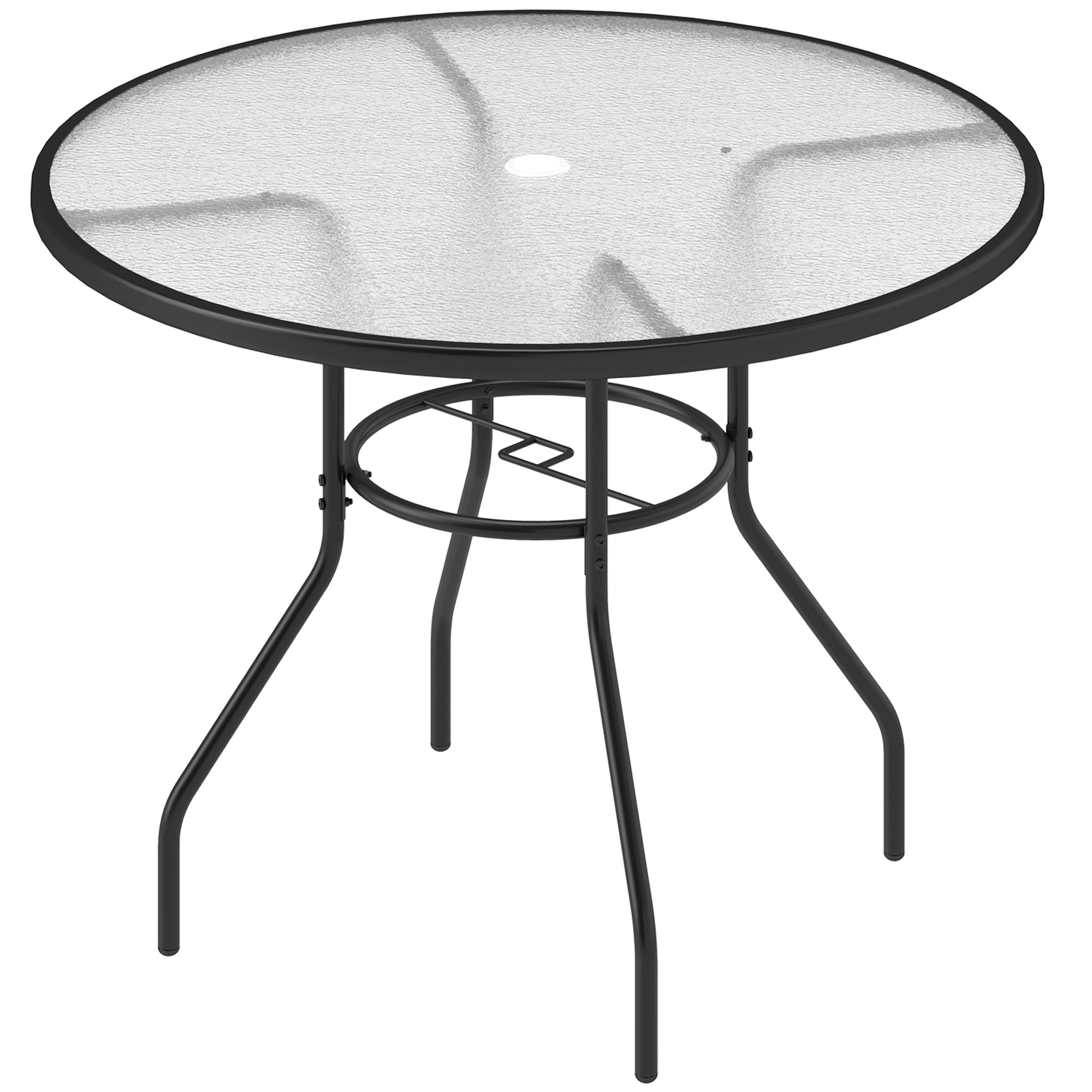 Outsunny 100 cm Round Dining Table with Parasol Hole, Outdoor Coffee End Side Table with Tempered Glass Top, Steel Frame for Garden, Black - North Peak Garden Furniture