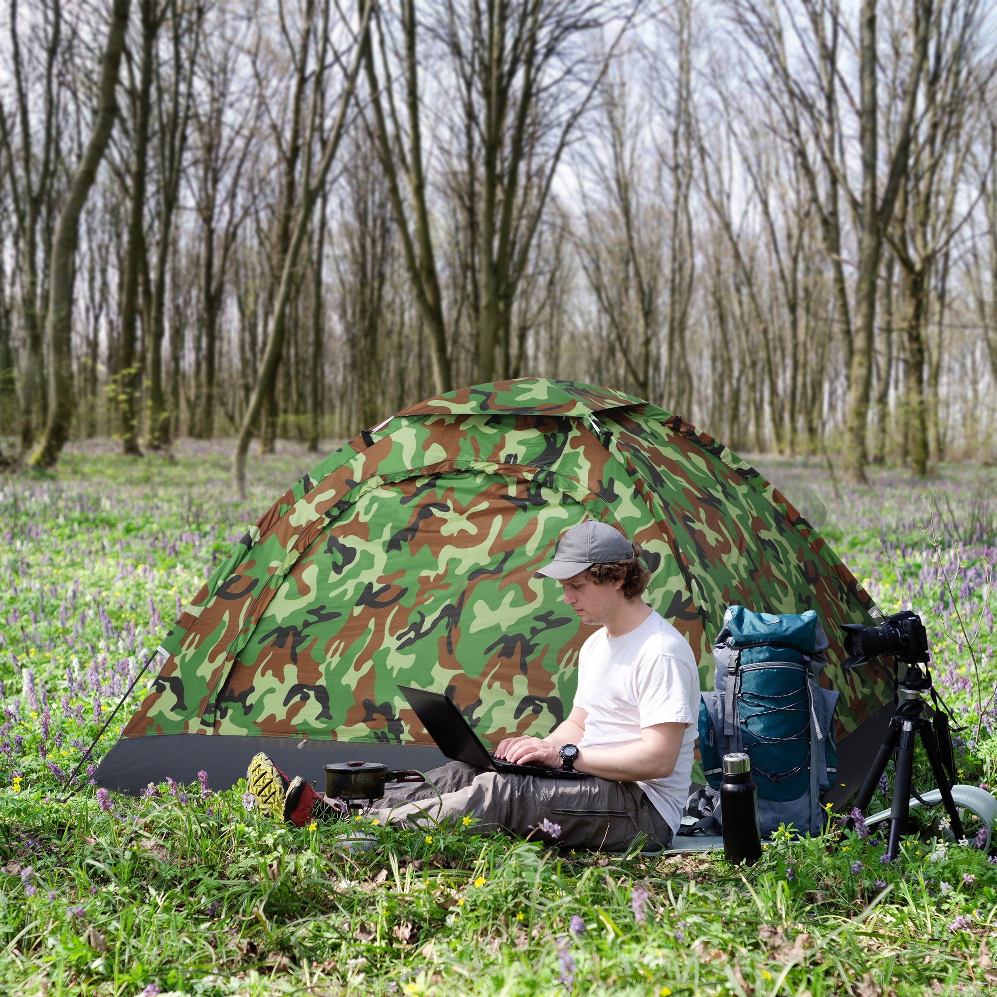 Outsunny 2 Person Camping Tent, Dome Tent with Zipped Doors, Storage Pocket, Portable Handy Bag, Multicoloured - North Peak Garden Furniture