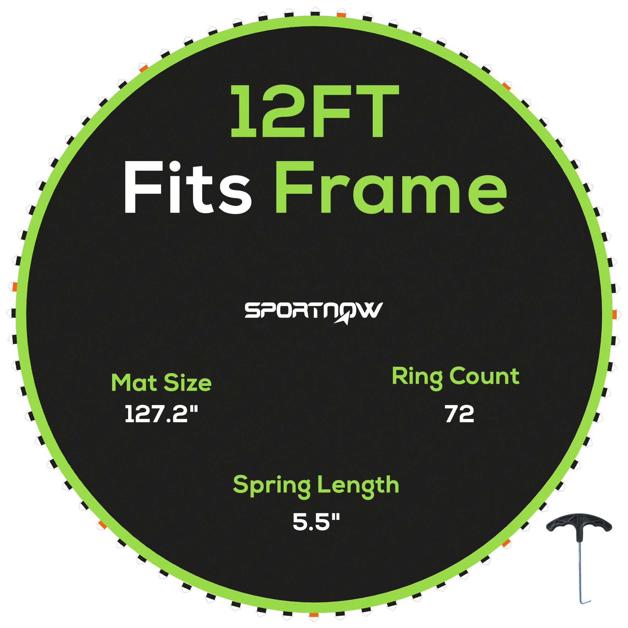 SPORTNOW Replacement Trampoline Mat with Spring Pull Tool, 72 V-Hooks, for 12ft Trampoline using 14cm Springs, Green - North Peak Garden Furniture