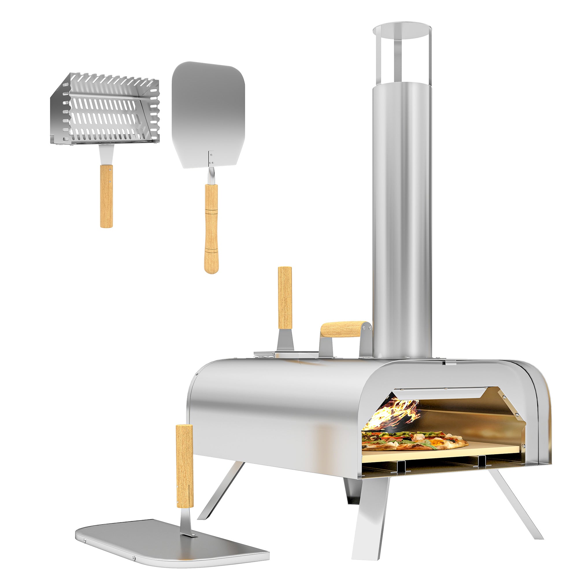 Outsunny Outdoor Pizza Oven, Portable Wood Pellet Pizza Oven with Pizza Stone and Peel, Foldable Legs, Chimney, 12 Inch Wood Fired Pizza Maker for Outdoor Cooking, Stainless Steel - North Peak Garden Furniture