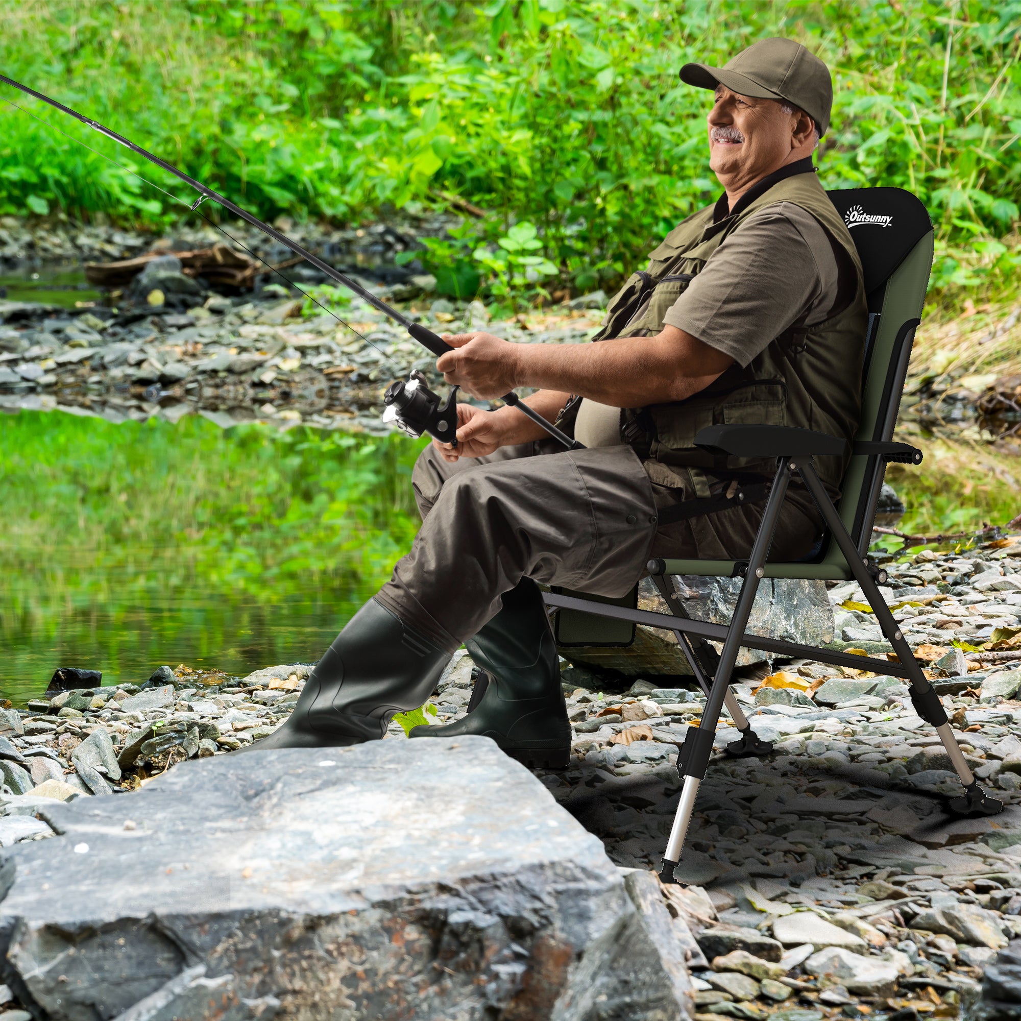 Outsunny Foldable Metal Frame Fishing Chair, with Adjustable Legs - Green/Black - North Peak Garden Furniture