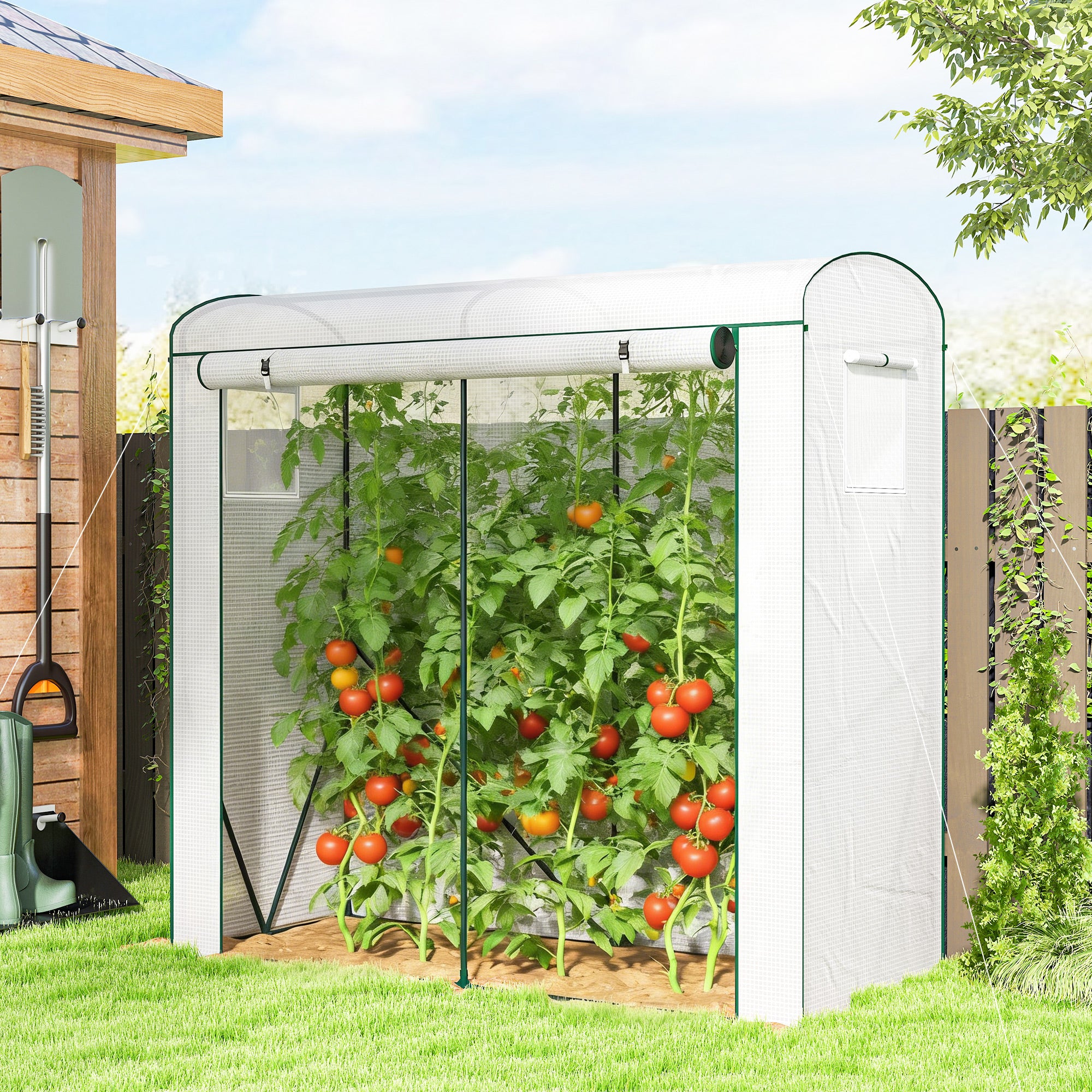 Outsunny Mini Greenhouse, Garden Tomato Growhouse with Roll-Up Door and 2 Mesh Windows, PE Cover, 200 x 75 x 188 cm, White