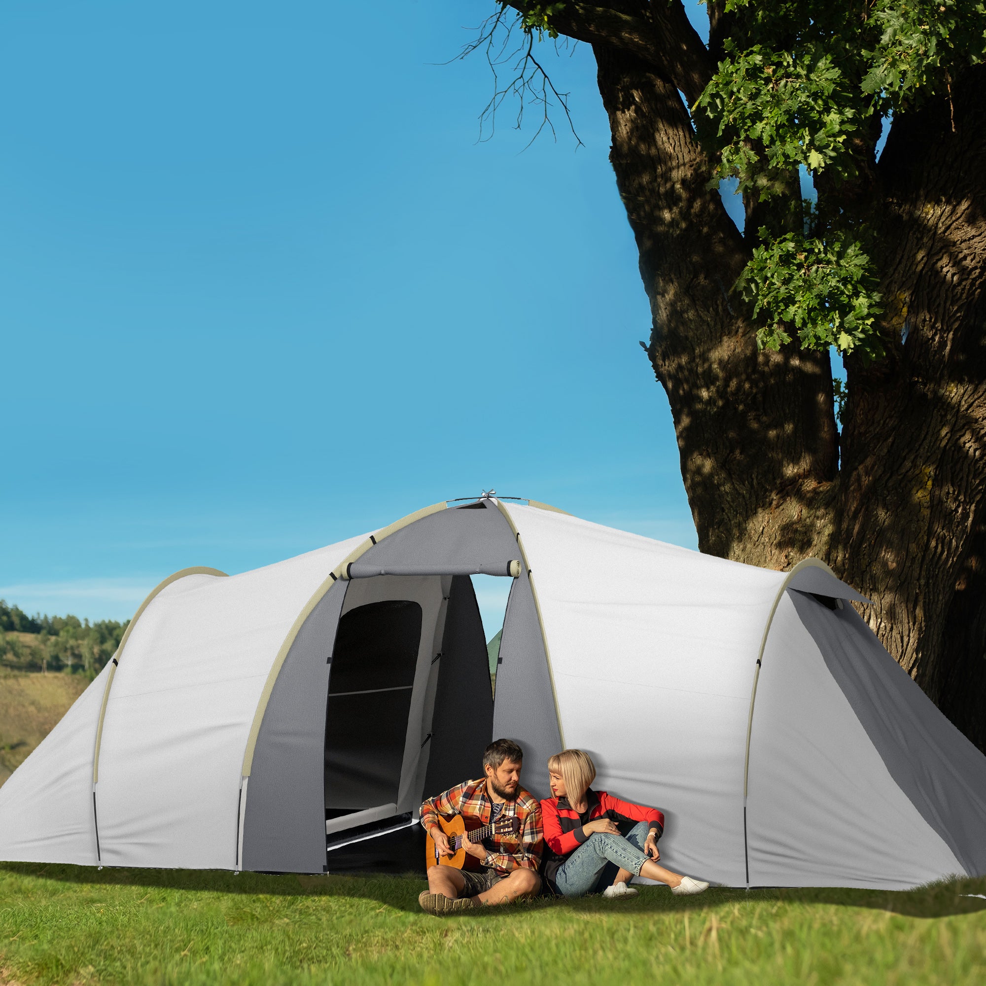 Outsunny Four-Man Tunnel Tent, with Two Bedrooms and Living Room - Grey/Yellow - North Peak Garden Furniture