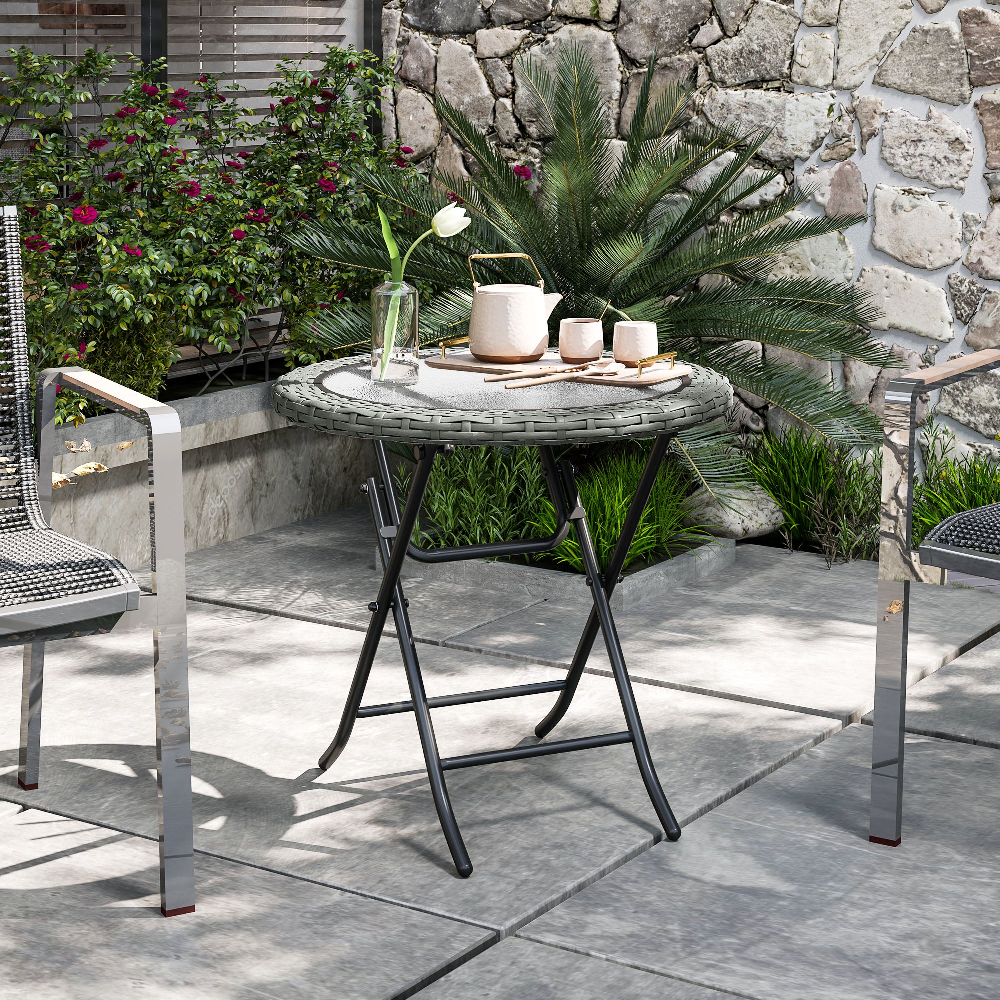 Outsunny Folding Round Tempered Glass Garden Table with Grey Rattan Edging - North Peak Garden Furniture
