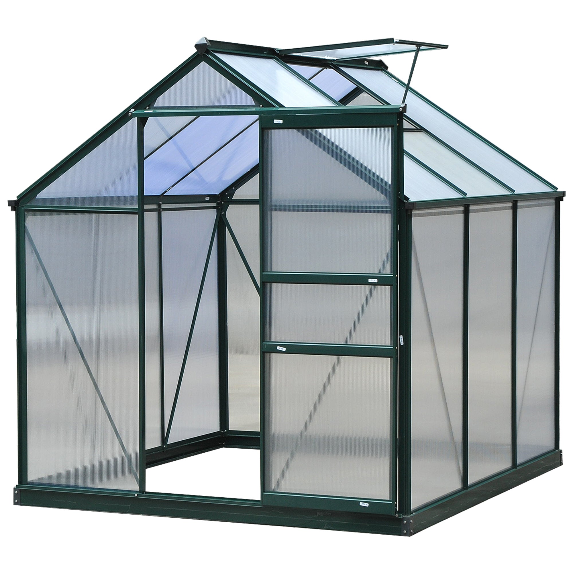 Outsunny 6 x 6ft Polycarbonate Greenhouse, Large Walk-In Green House with Slide Door and Window, Garden Plants Grow House with Aluminium Frame and Foundation, Dark Green - North Peak Garden Furniture