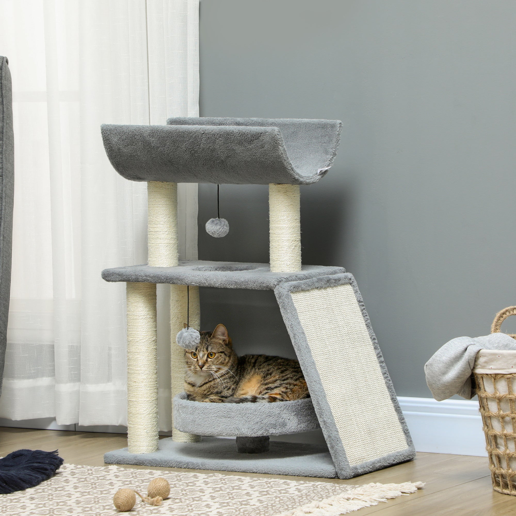 PawHut Cat Tree Tower, with Scratching Posts, Pad, Bed, Perch, Toy Ball - Light Grey - North Peak Garden Furniture
