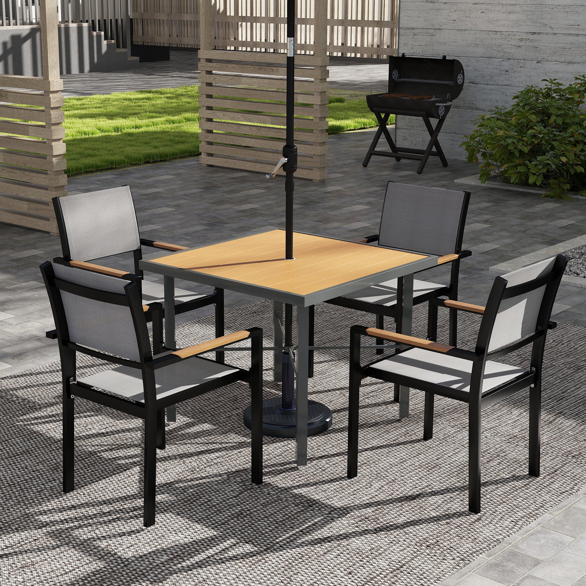 Outsunny Garden Table, 90cm Square Outdoor Patio Dining Table with 4.2 cm Umbrella Hole, Metal Frame, Wood Effect Top, for Terrace, Balcony, Natural Wood Finish - North Peak Garden Furniture