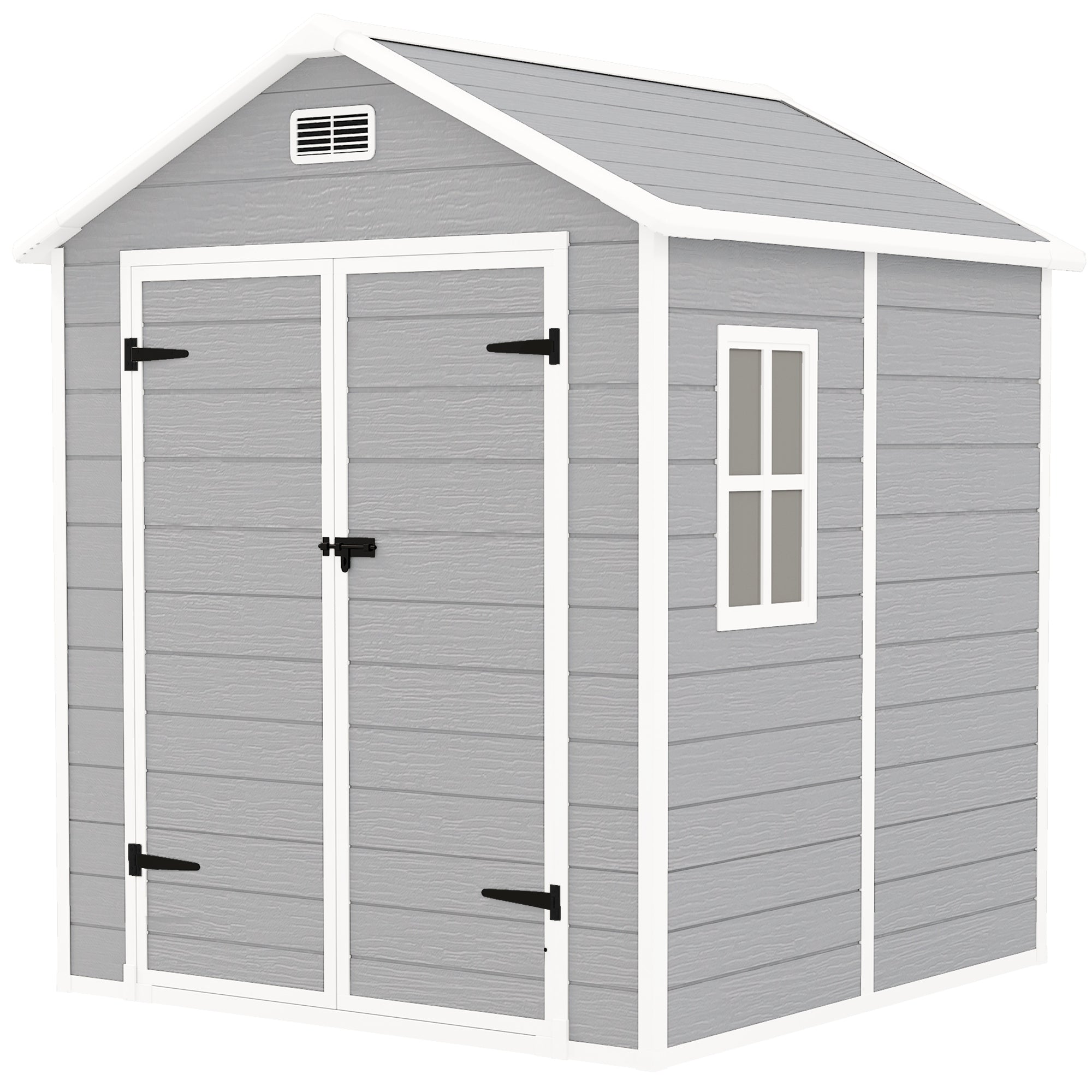 Outsunny 6 x 5ft Garden Shed, Plastic Shed with Floor, Window, Lockable Doors and Vents, Wood Effect Resin Tool Shed for Outdoor Patio, Light Grey - North Peak Garden Furniture