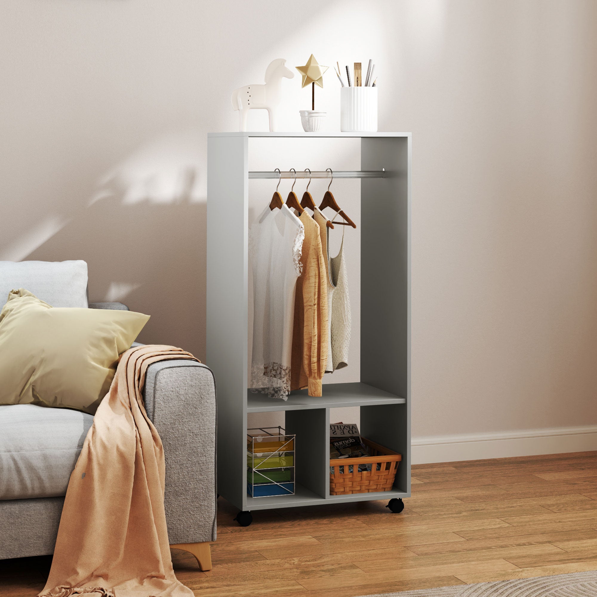 HOMCOM Open Wardrobe for Bedroom, Small Wardrobe on Wheels with Clothes Rail, Storage Shelves, Mobile Garment Rack for Clothes Storage, Cloakroom, Hallway, Grey - North Peak Garden Furniture
