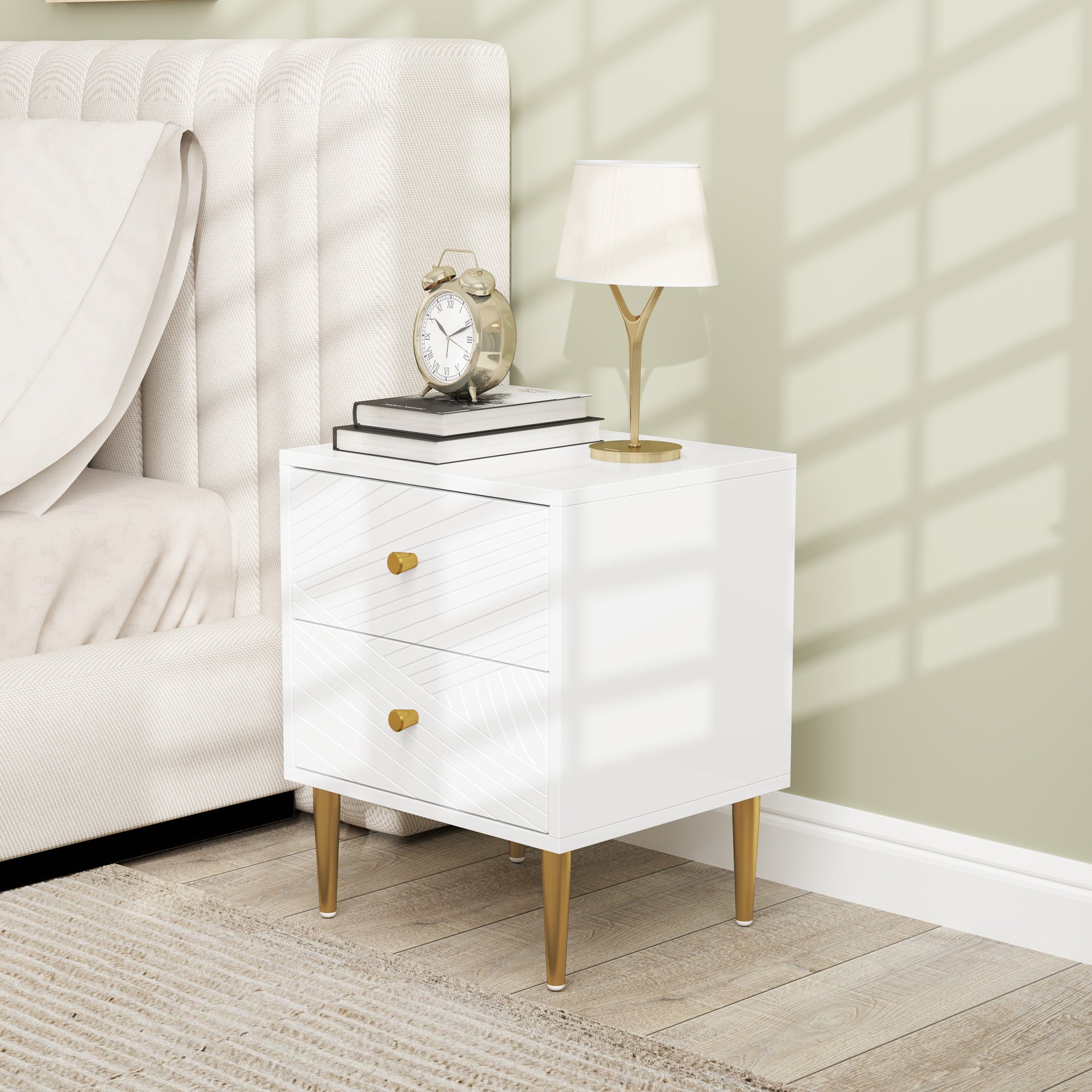 HOMCOM Elegant Two-Drawer Bedside Table - White/Gold-Tone - North Peak Garden Furniture
