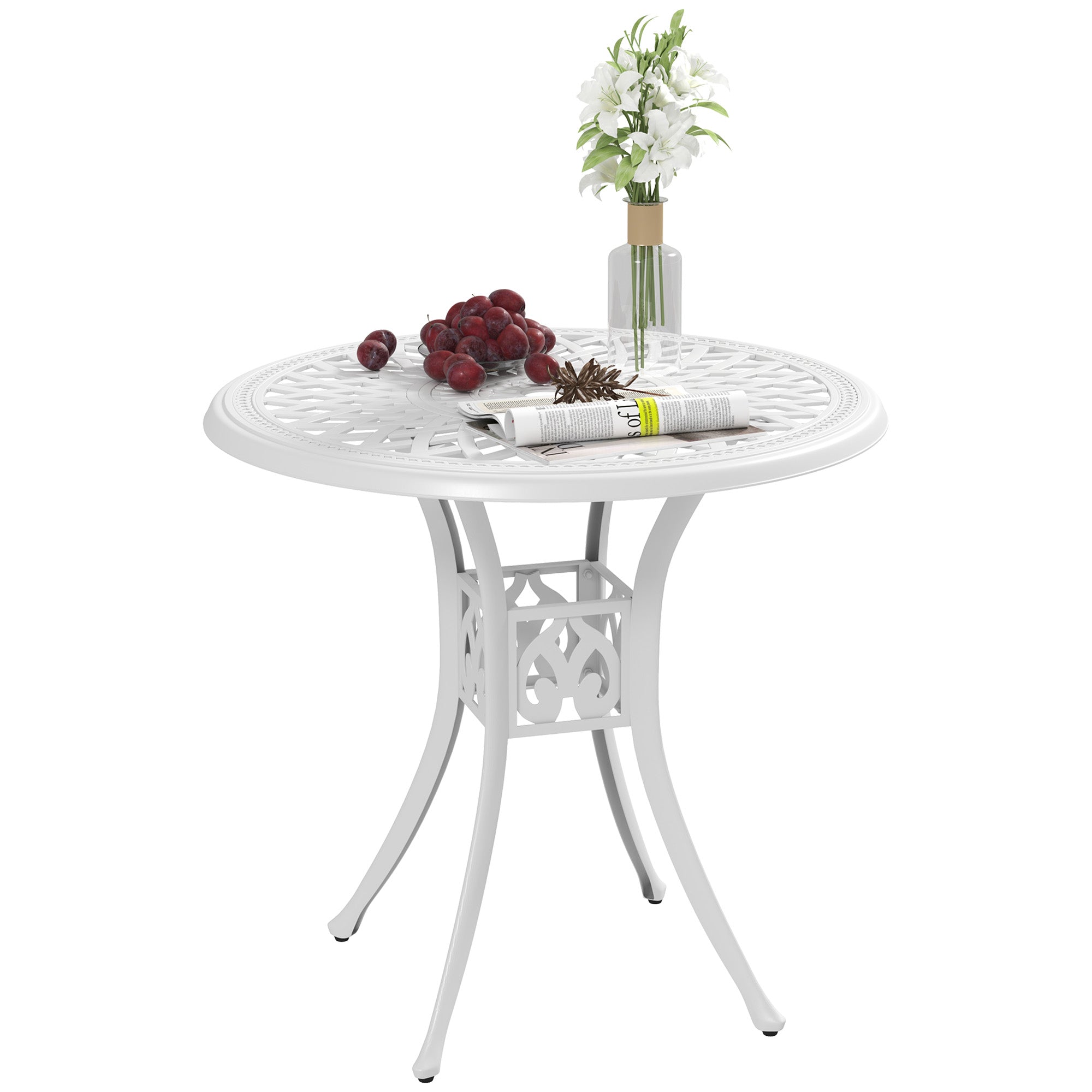 Outsunny 78 cm Round Garden Dining Table with Parasol Hole Antique Cast Aluminium Outdoor Table Only, White - North Peak Garden Furniture