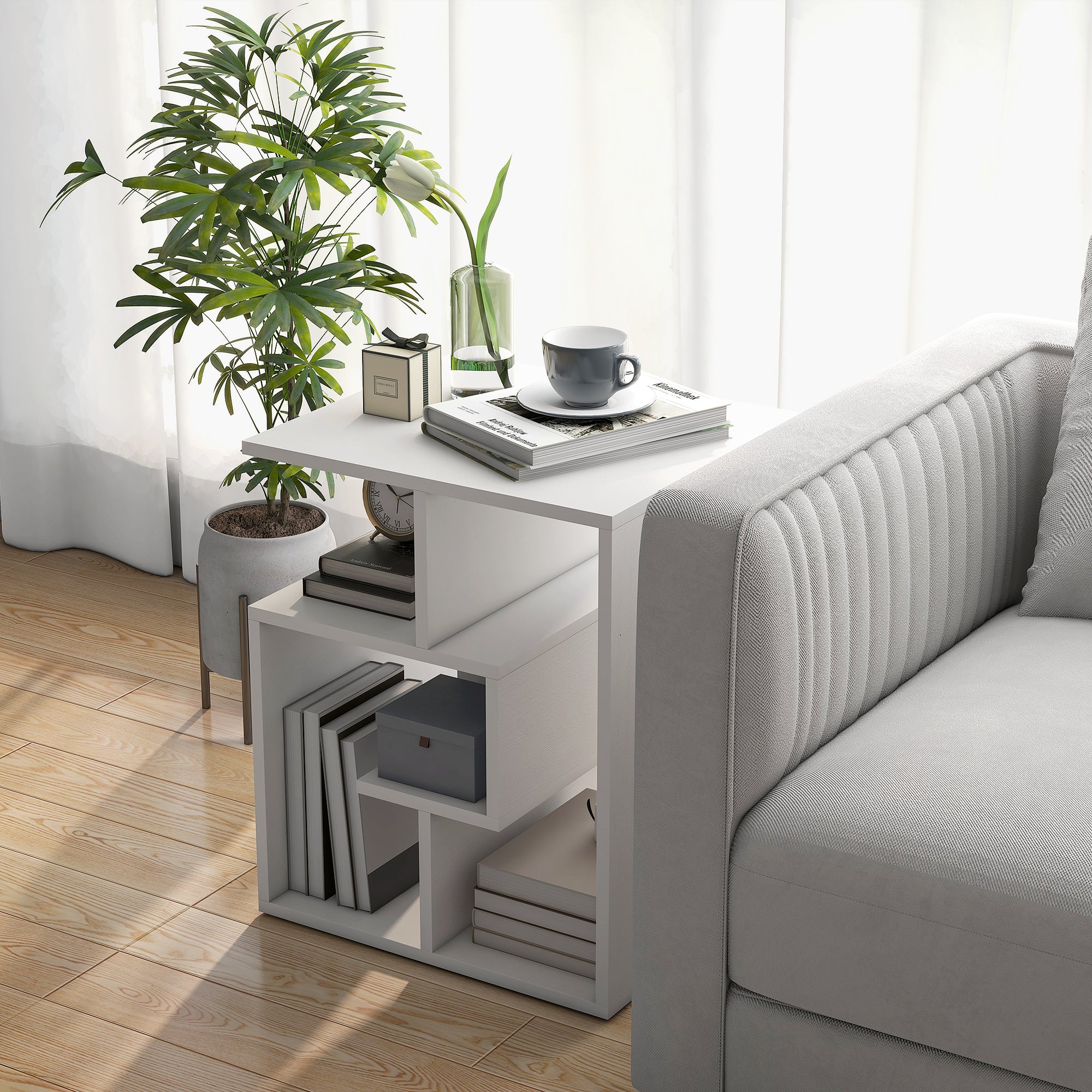 HOMCOM Side Table, 3 Tier End Table with Open Storage Shelves, Living Room Coffee Table Organiser Unit, White - North Peak Garden Furniture