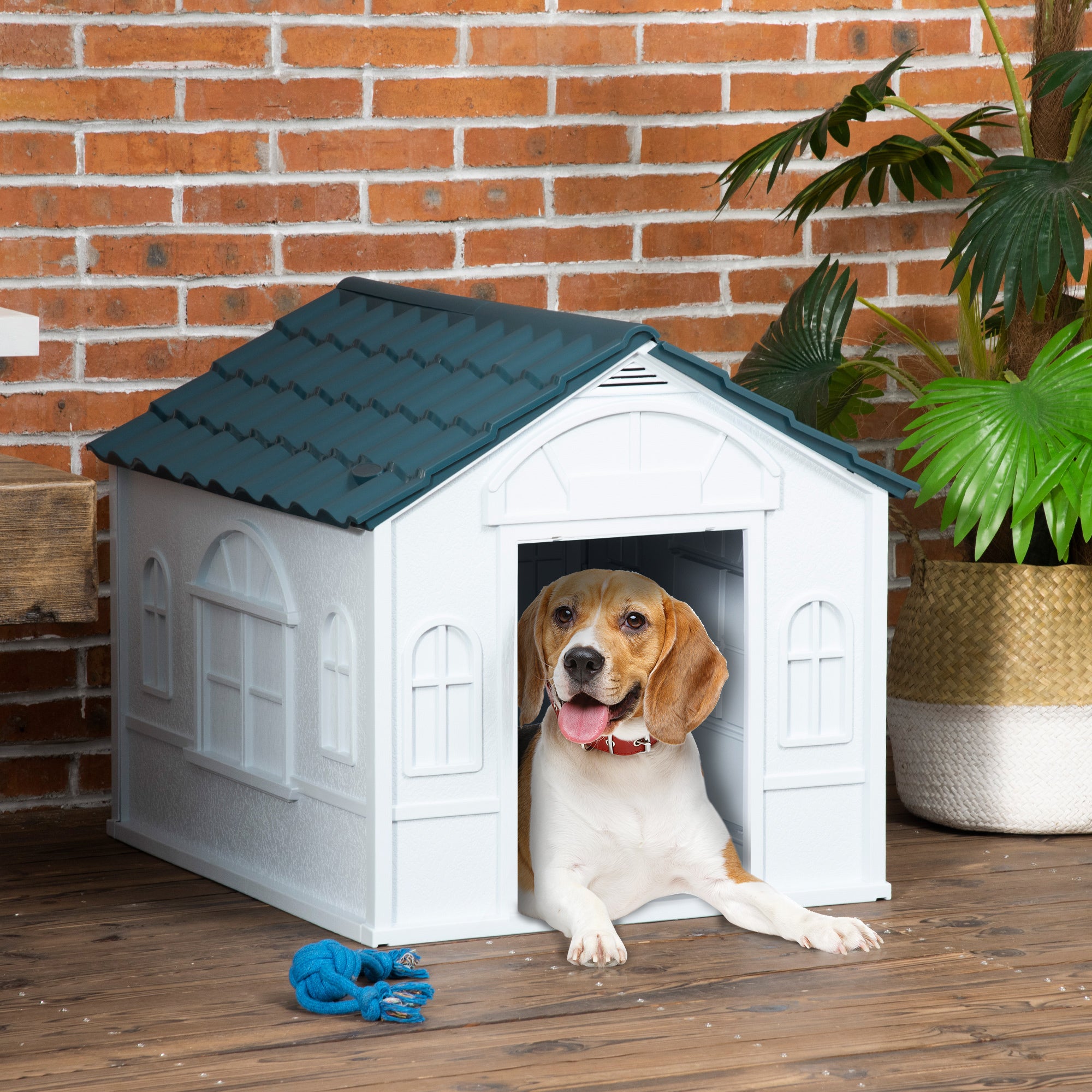 PawHut Plastic Weather-Resistant Dog House, for Indoors and Outdoors, Medium Dogs - White and Blue - North Peak Garden Furniture