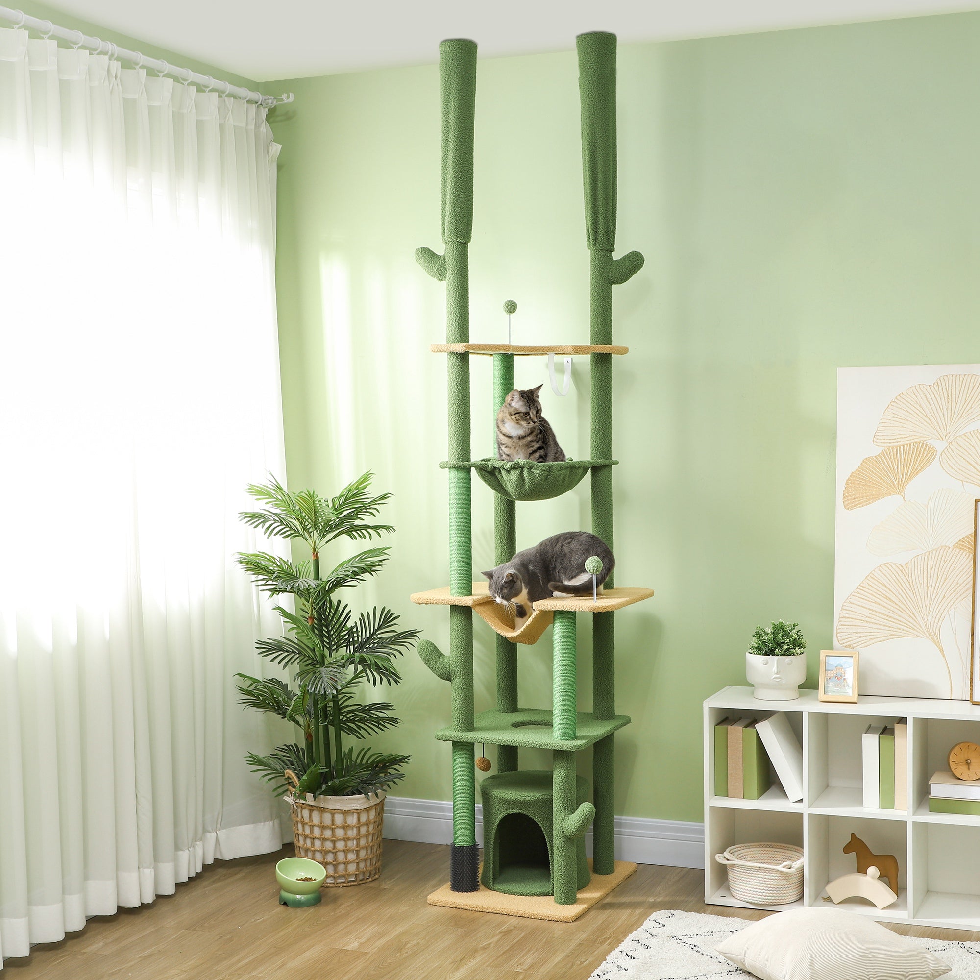 PawHut 225-255cm Height Adjustable Floor to Ceiling Cat Tree, Tall Cat Tower for Indoor Cats w/ Scratching Posts - Green - North Peak Garden Furniture