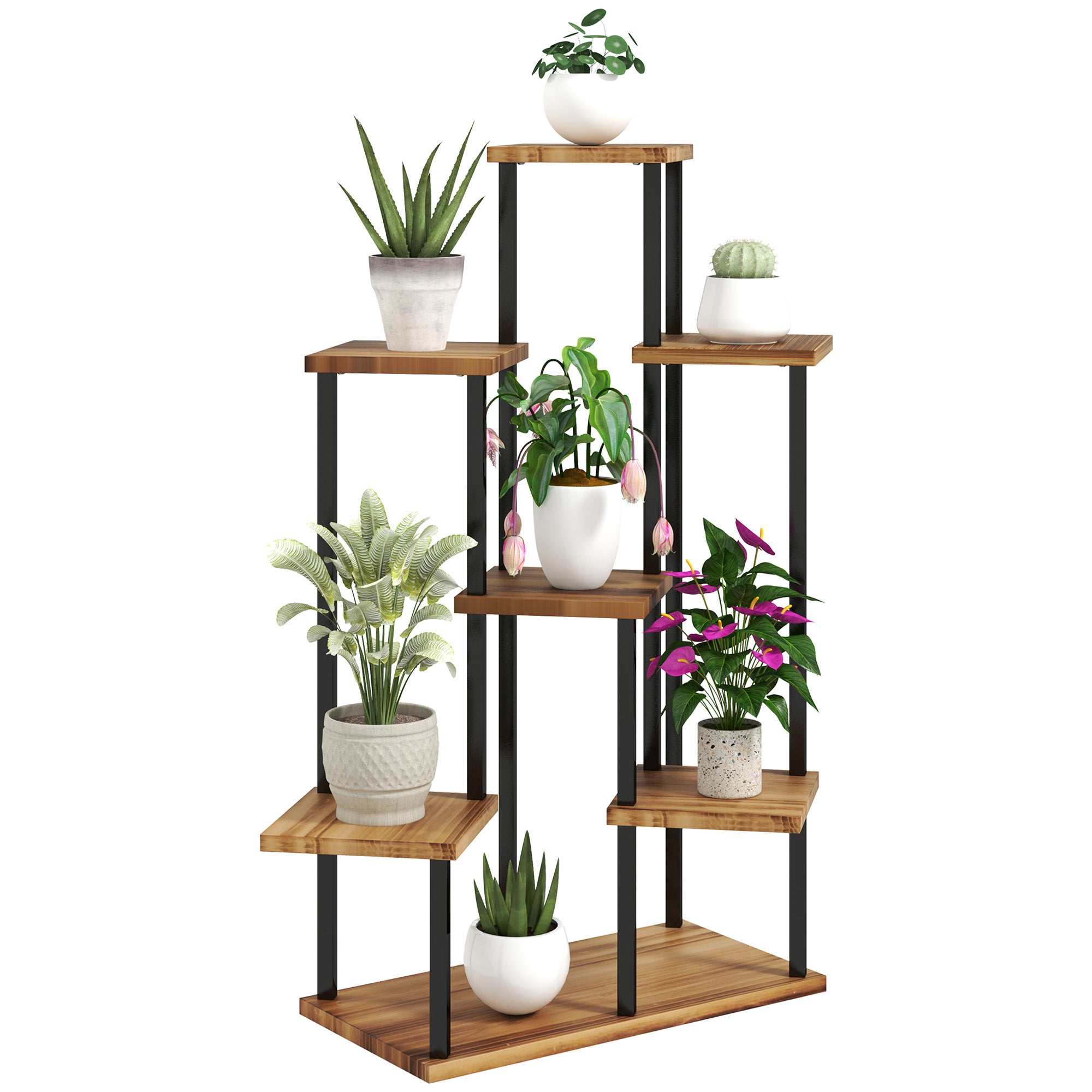 Outsunny 7 Tier Plant Stand Indoor Outdoor, Tiered Corner Steel Wood Plant Shelf for Multiple Plants, Tall Flower Stand Display Rack for Garden Patio Balcony Living Room, Carbonised Finish - North Peak Garden Furniture