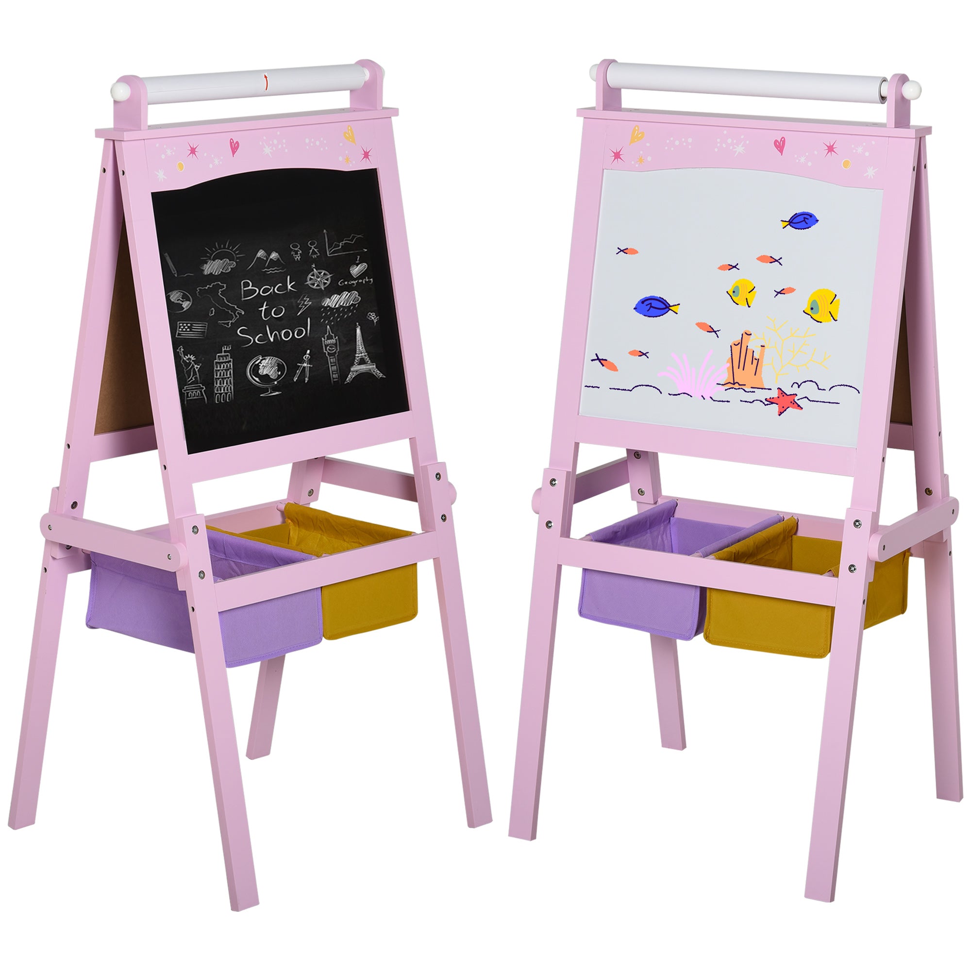 HOMCOM Kids Easel 3 in 1 Wooden Art Easel with Paper Roll Double-Sided Chalkboard & Whiteboard with Storage Baskets for Toddler Girls, Pink - North Peak Garden Furniture