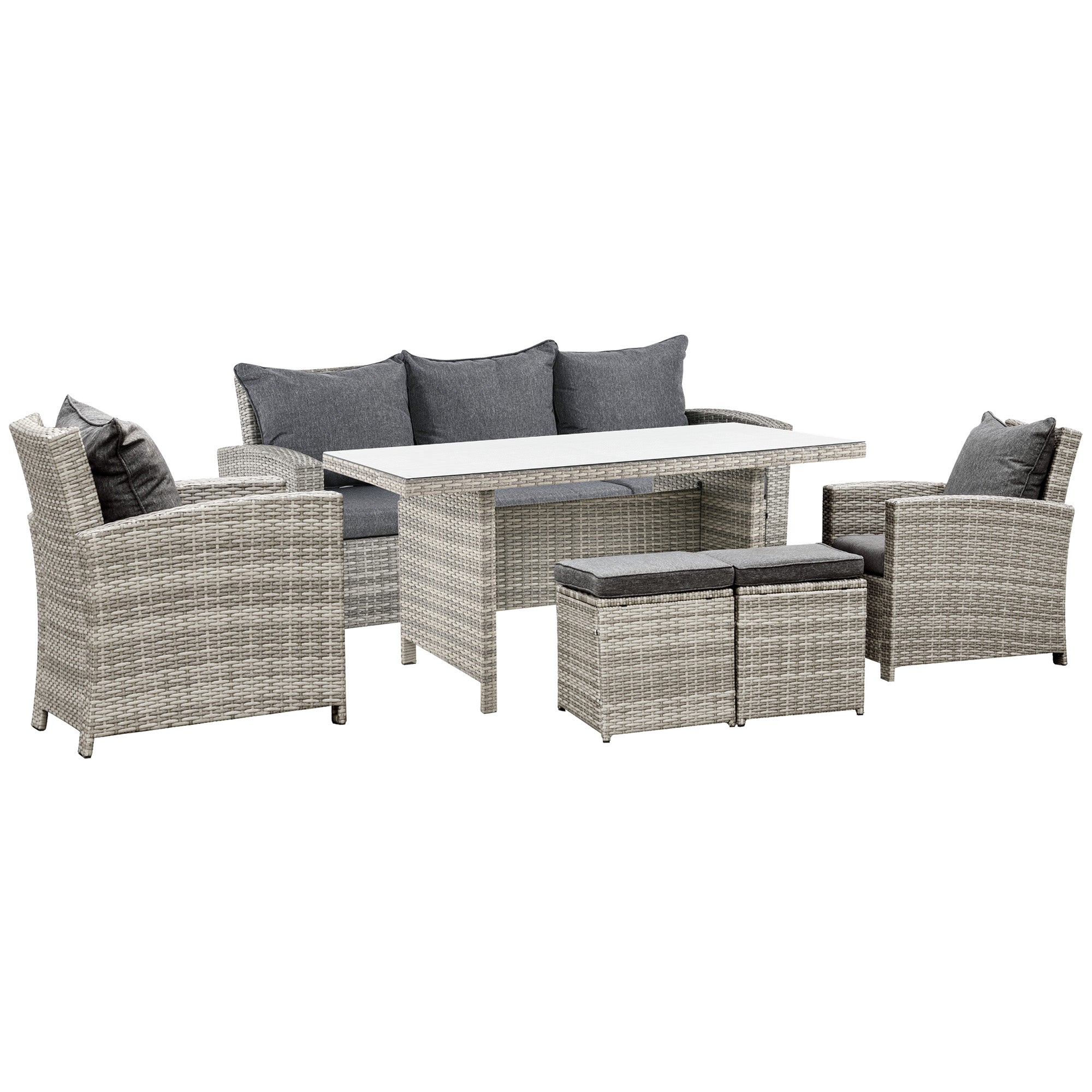 Outsunny 6 Pieces PE Rattan Garden Furniture Set with Three-seat, Armchairs and Footstools, Aluminium Patio Wicker Dining Sets w/ Glass Top Dining Table, Soft Cushion, Light Grey - North Peak Garden Furniture