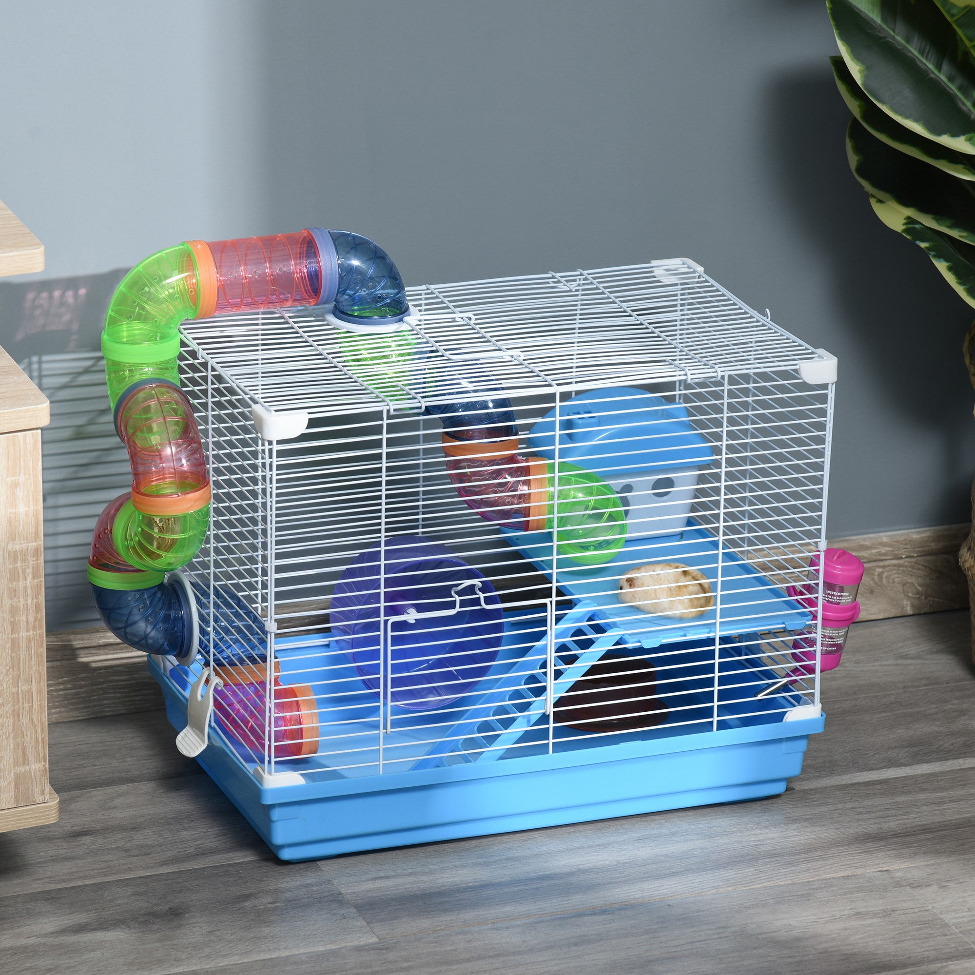 Pawhut 2 Tier Hamster Cage Carrier Habitat Small Animal House with Exercise Wheels Tunnel Tube Water Bottle Dishes House Ladder for Dwarf, Blue