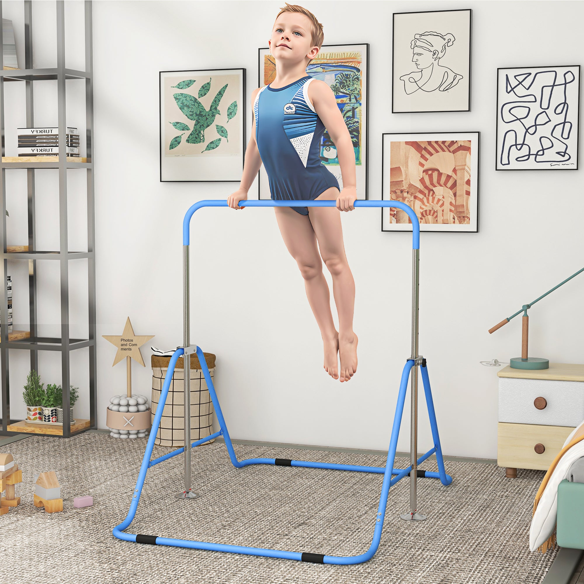 HOMCOM Kids Gymnastic Bar, with Adjustable Height, Foldable Horizontal Bars - Blue - North Peak Garden Furniture