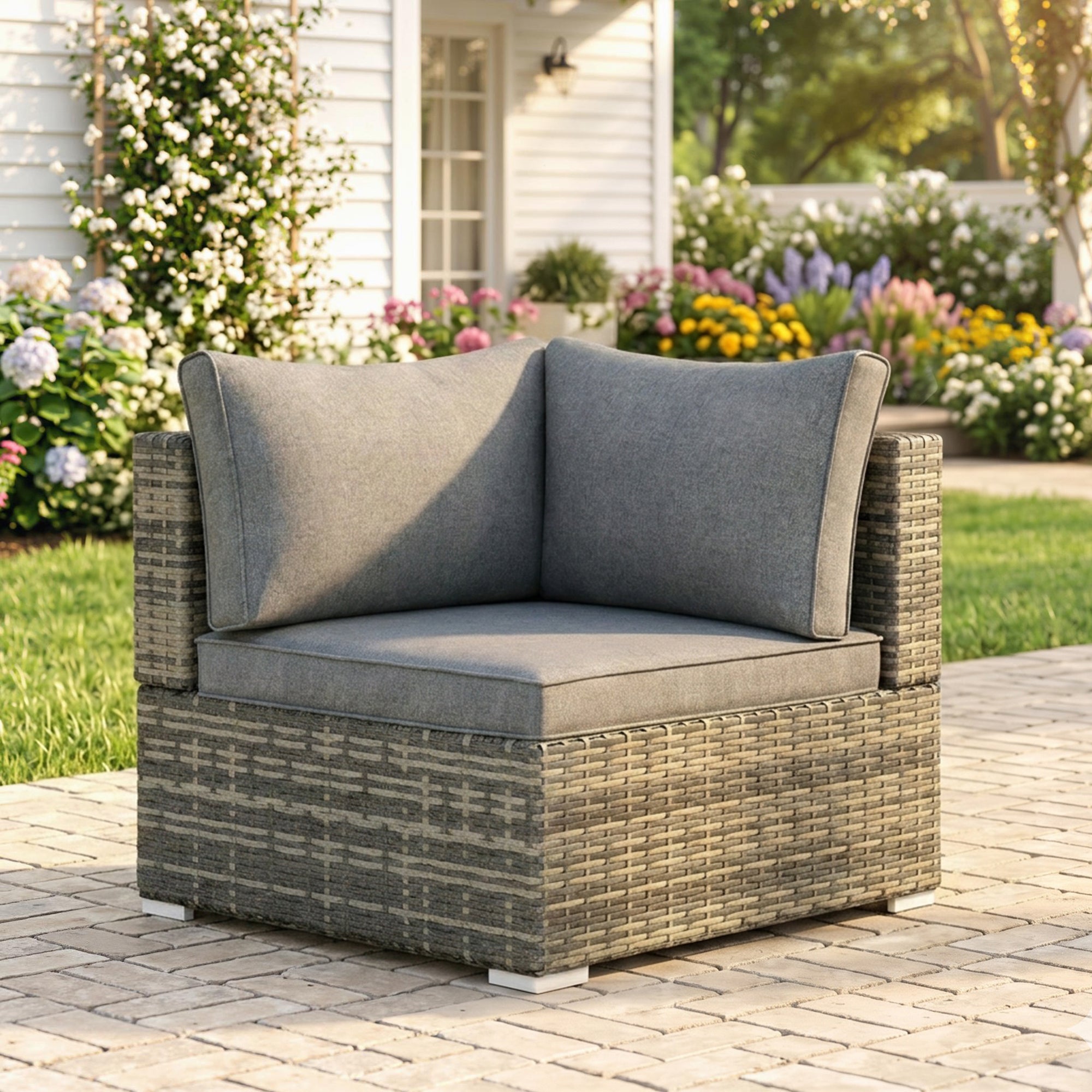 Outsunny Outdoor PE Rattan Corner Sofa, Garden Wicker Furniture Single Sofa Chair w/ Cushions, Light Grey