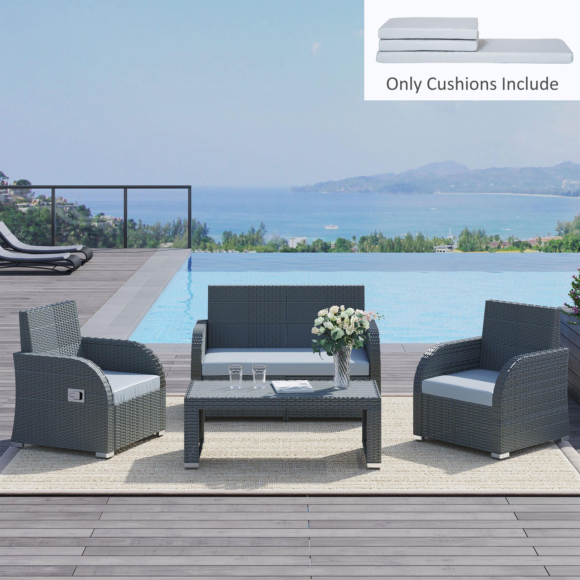 Outsunny 3 PCs Outdoor Seat Cushion for Rattan Furniture, Garden Furniture Cushions, Grey - North Peak Garden Furniture