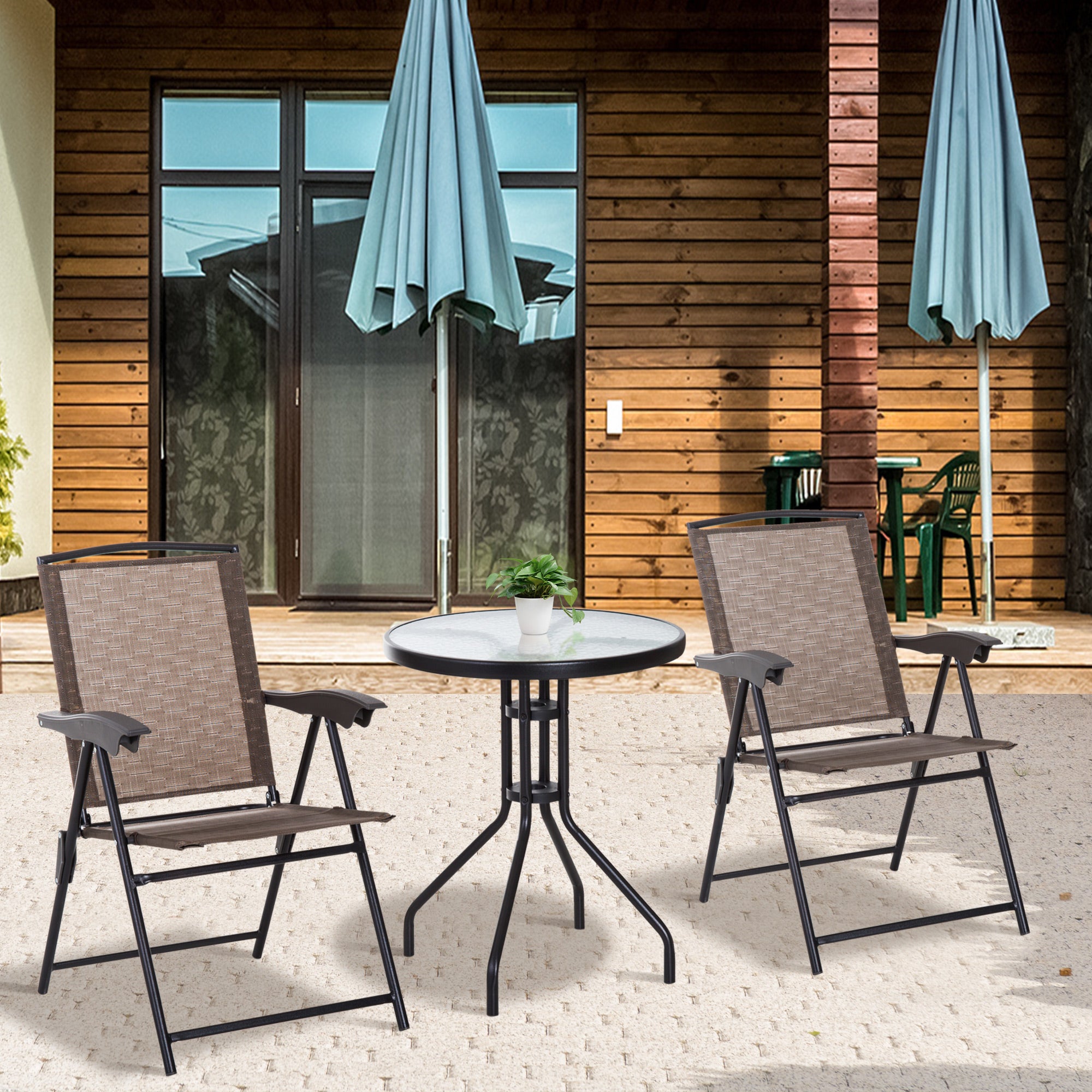 Outsunny 3 Piece Outdoor Bistro Set, Patio Conversation Furniture Set with 2 Folding Backrest Adjustable Armchairs and Glass Top Coffee Table, Brown - North Peak Garden Furniture