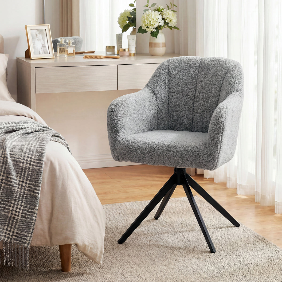 HOMCOM 360 Degree Swivel Accent Chair, Teddy Fleece Armchair, Grey