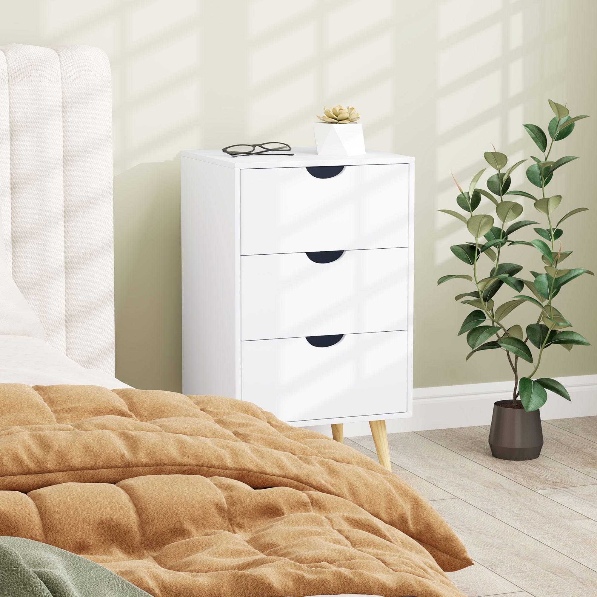 HOMCOM Bedside Table, Bedside Cabinet with 3 Drawers, Small Side Table with Wood Legs and Cut-out Handles for Bedroom, Cream White - North Peak Garden Furniture