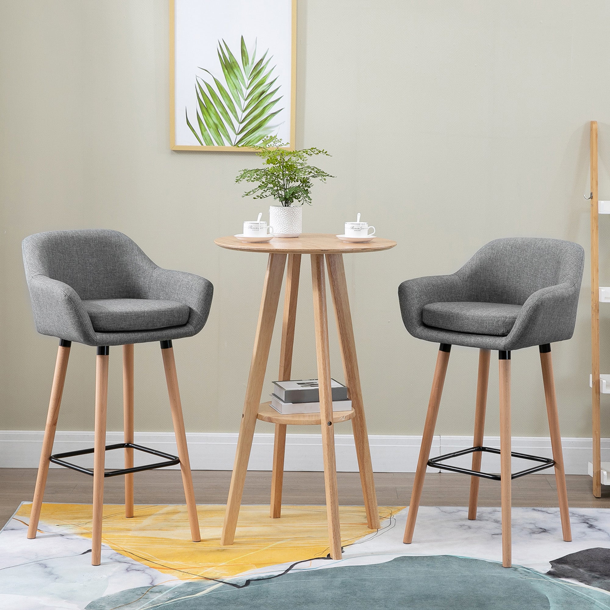 HOMCOM Set of 2 Bar Stools Modern Upholstered Seat Bar Chairs w/ Metal Frame, Solid Wood Legs Living Room Dining Room Fabric Furniture - Grey - North Peak Garden Furniture