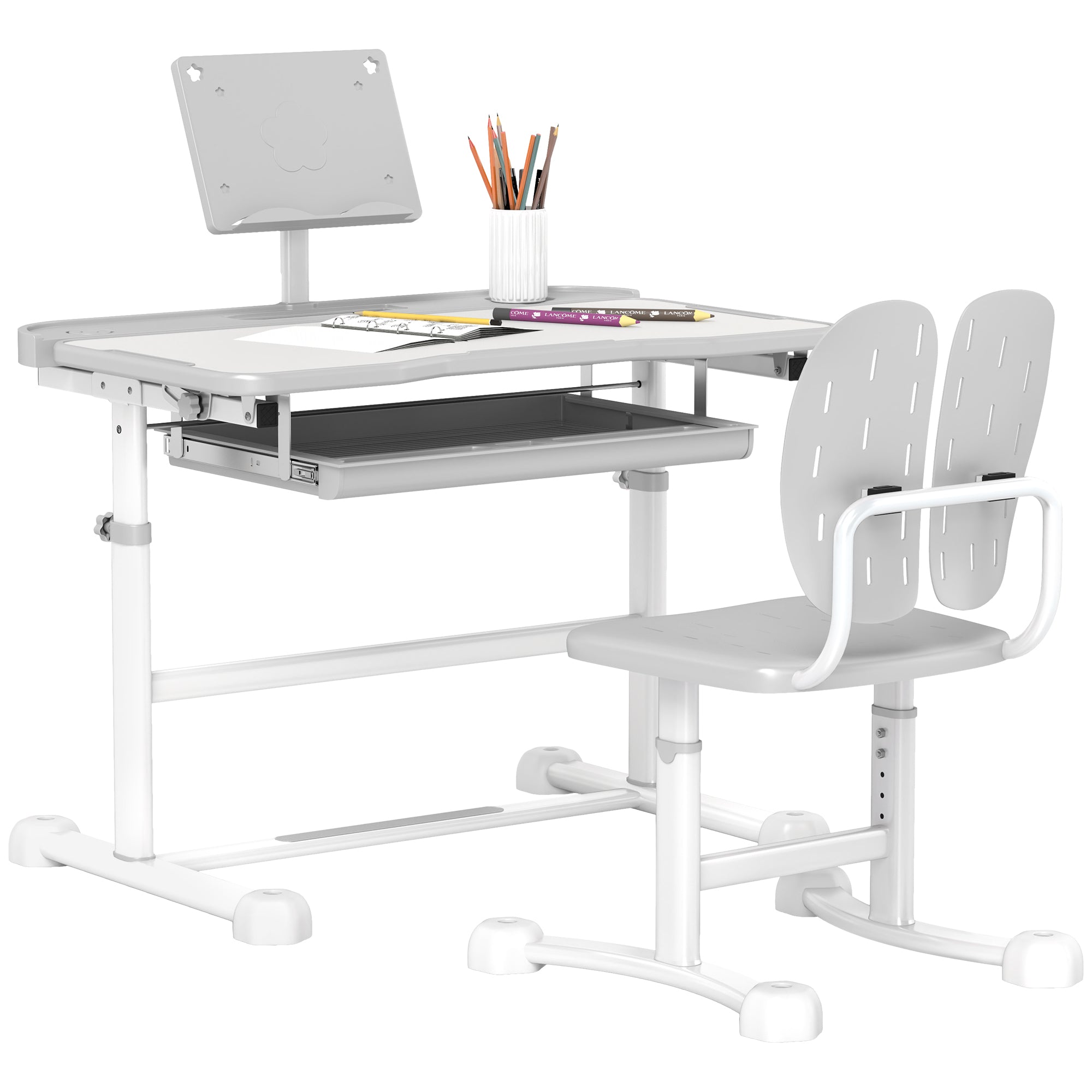 AIYAPLAY Height Adjustable Kids Desk and Chair Set, School Study Writing, Reading Table Chair Set w/ Tilted Desktop, Grey - North Peak Garden Furniture