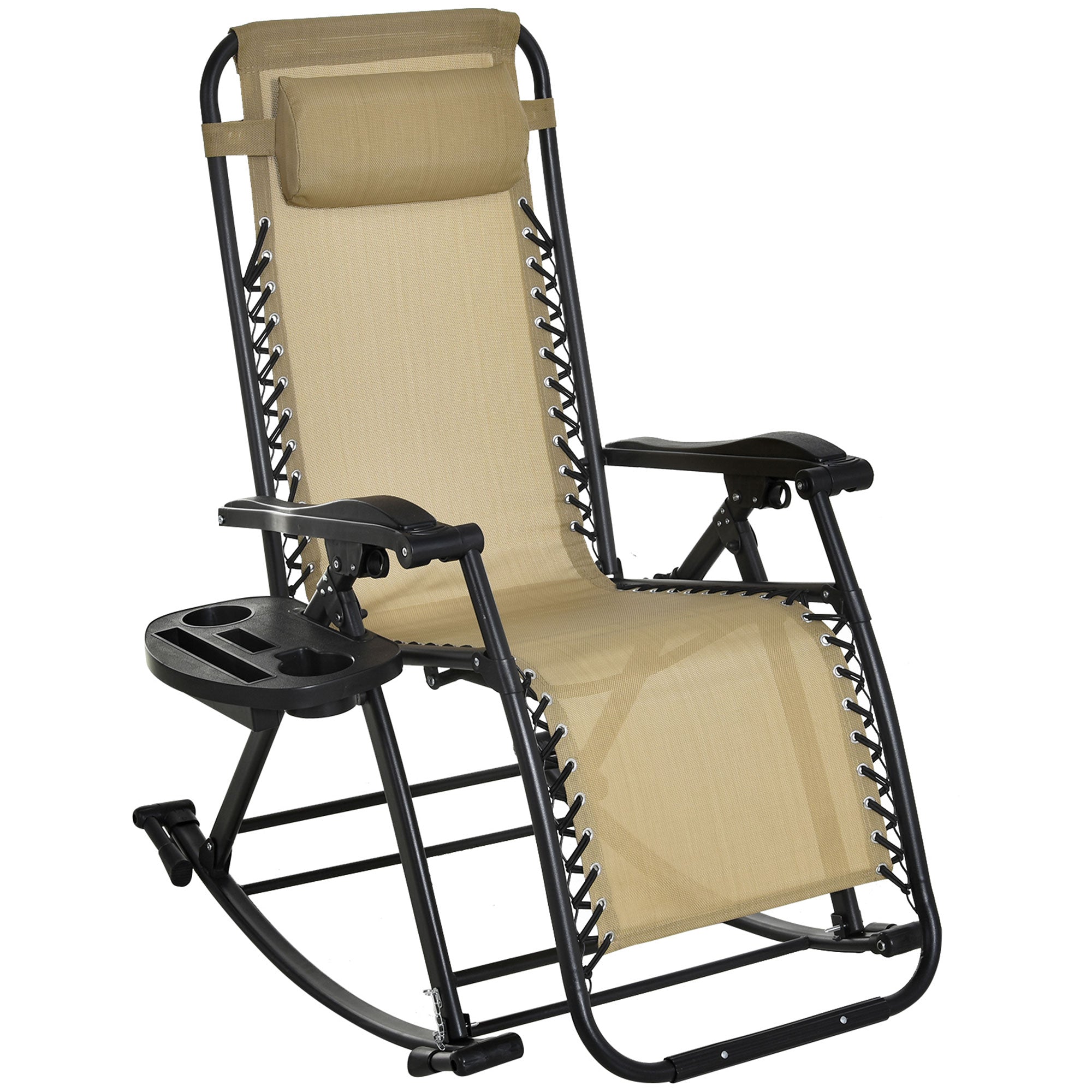Outsunny Garden Rocking Chair Folding Recliner Outdoor Adjustable Sun Lounger Rocker Zero-Gravity Seat with Headrest Side Holder Patio Deck - Beige - North Peak Garden Furniture
