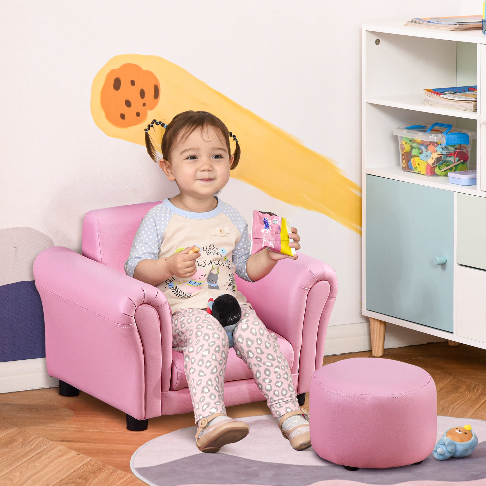 HOMCOM Toddler Chair Single Seater Kids Sofa Set, 54 x 42 x 41cm, Kids Sofa with Stool, Pink - North Peak Garden Furniture