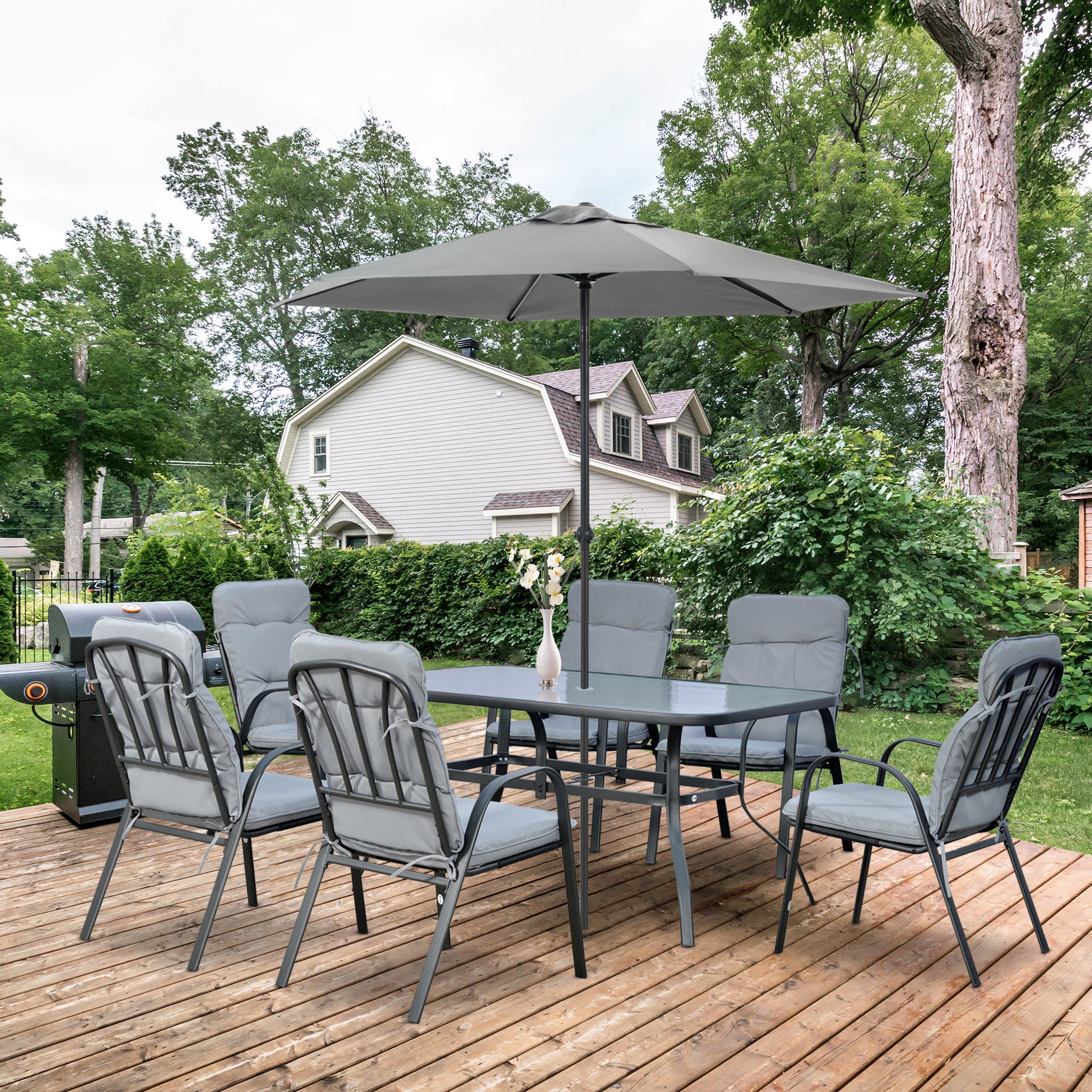 Outsunny 7 Piece Garden Dining Set, Outdoor Dining Table and 6 Cushioned Armchairs, Tempered Glass Top Table w/ Umbrella Hole, Texteline Seats, Grey - North Peak Garden Furniture