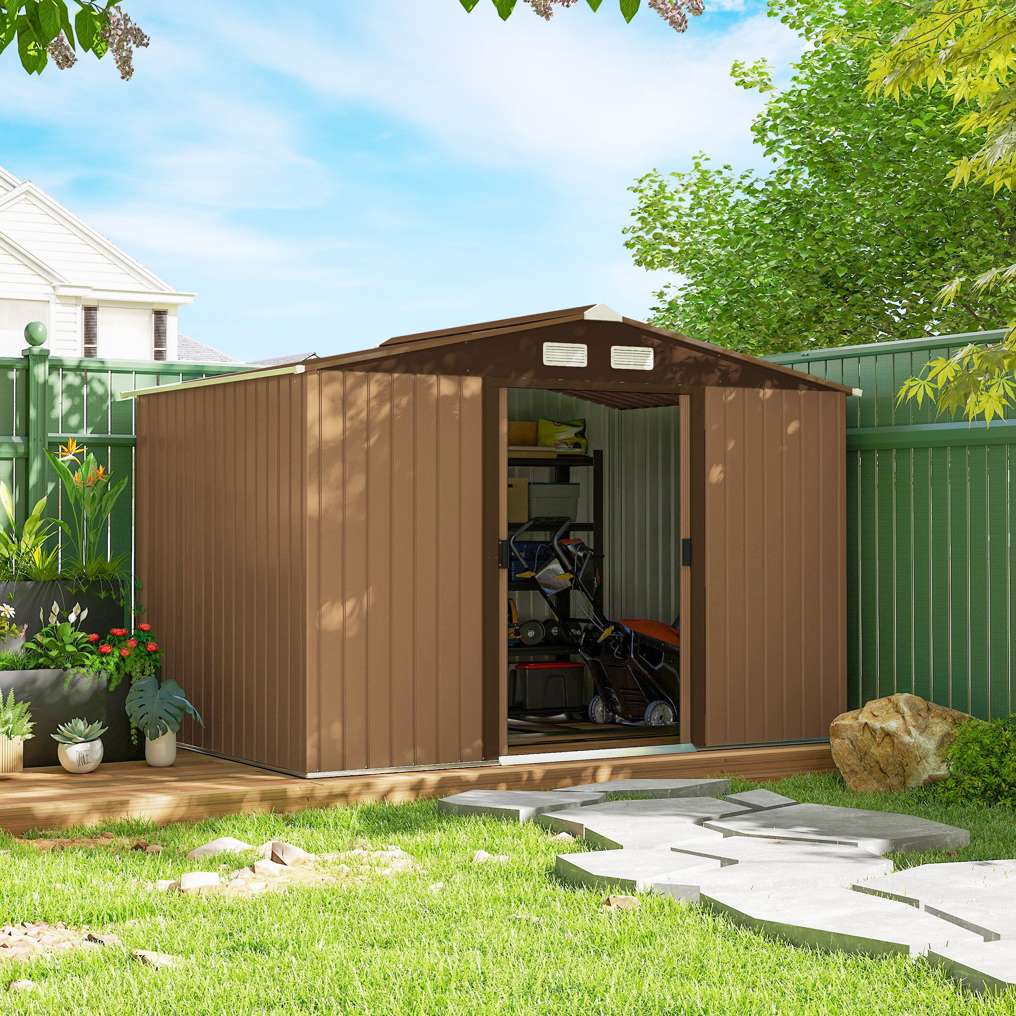 Outsunny 9 x 6ft Metal Garden Shed, Outdoor Storage Tool House with Ventilation Slots, Foundation Kit and Lockable Double Doors, Yellow