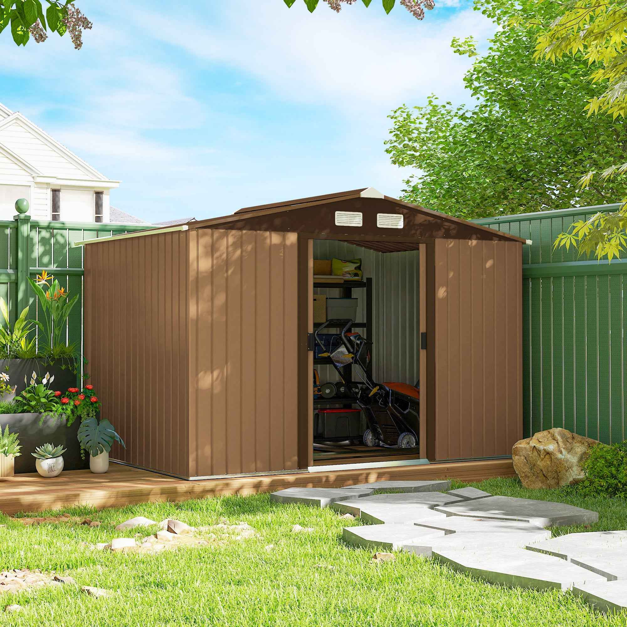 Outsunny 9 x 6ft Metal Garden Shed, Outdoor Storage Tool House with Ventilation Slots, Foundation Kit and Lockable Double Doors, Yellow