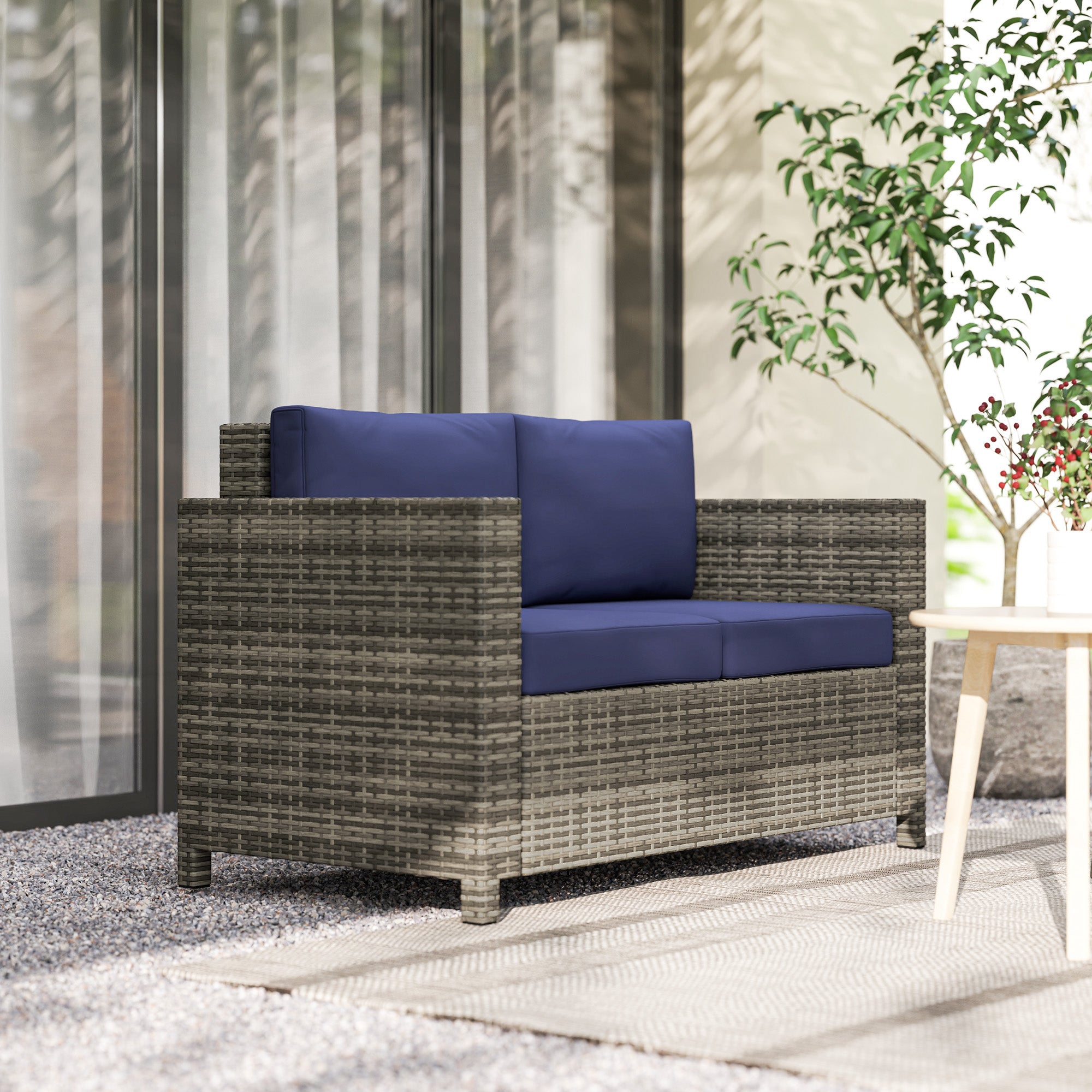 Outsunny 2 Seater Garden Furniture, Rattan Sofa with Soft Padded Cushion and Armrests, Wicker Garden Loveseat for Patio, Navy Blue - North Peak Garden Furniture
